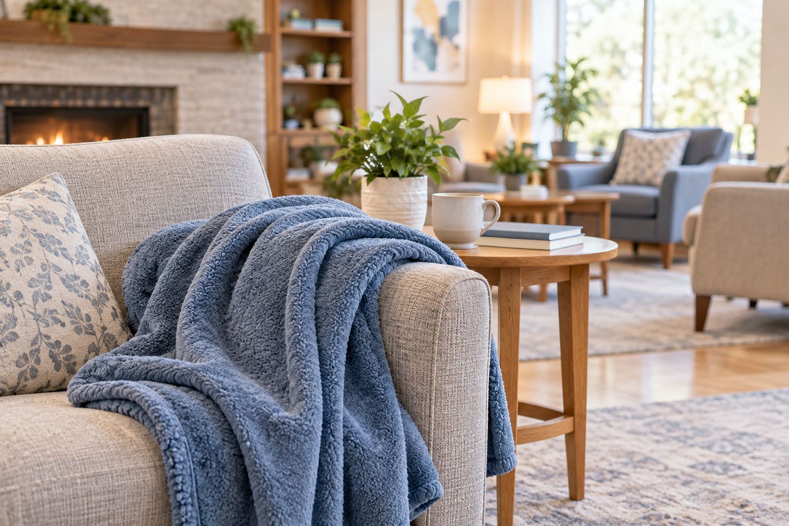 Fleece throw blanket draped over a lounge chair in a senior living common room