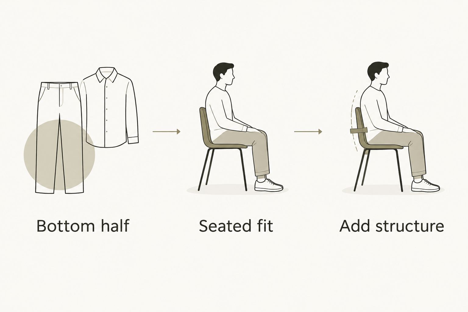 Three styling steps: choose the bottom half, check seated fit, then add structure.