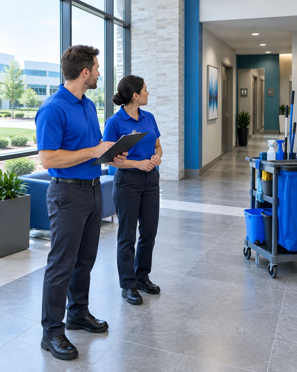 Illustration of a commercial cleaning requirements walkthrough in a suburban office building.