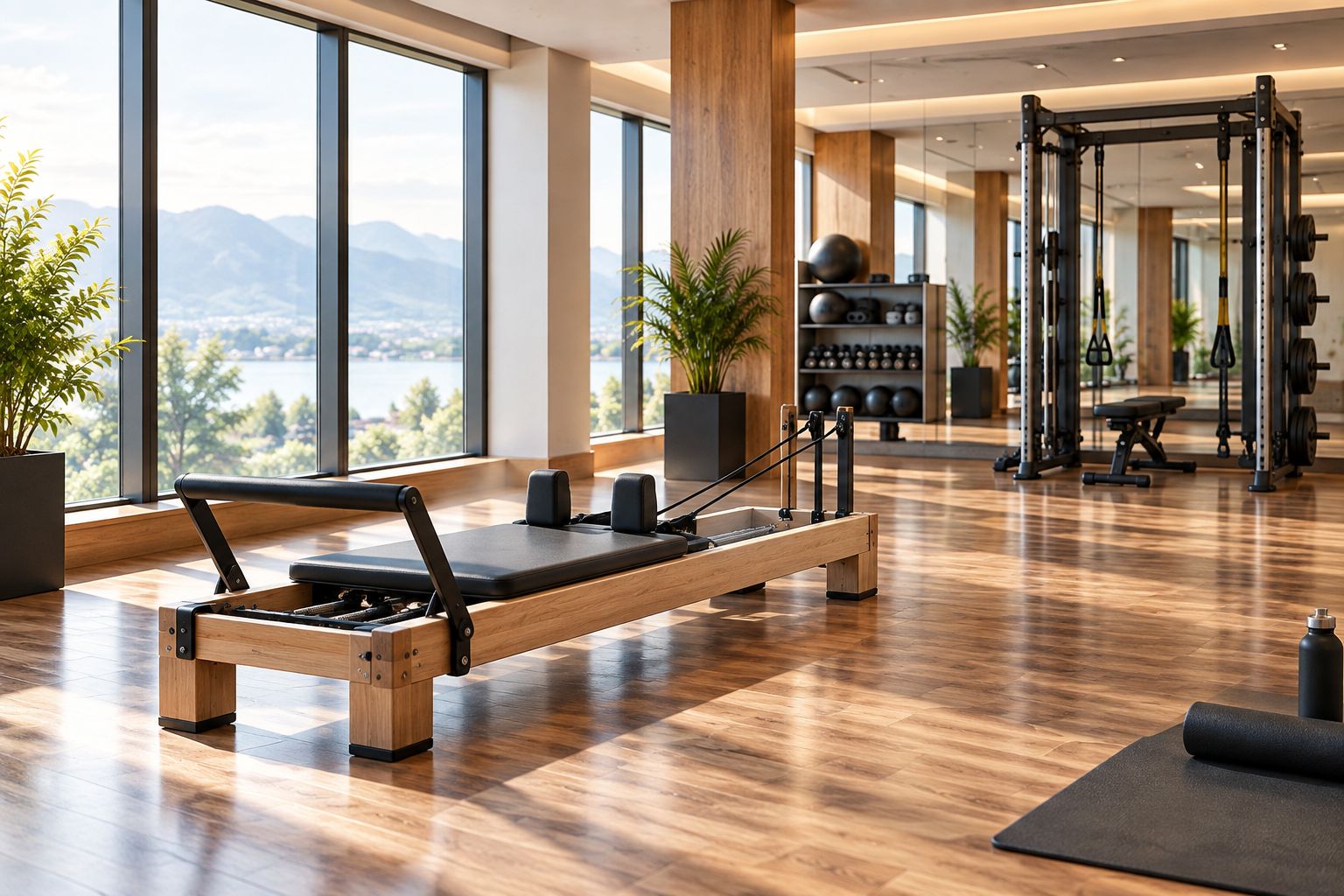 Hotel-Fitnessraum mit Pilates-Reformer und Kraftstation bei natürlichem Licht