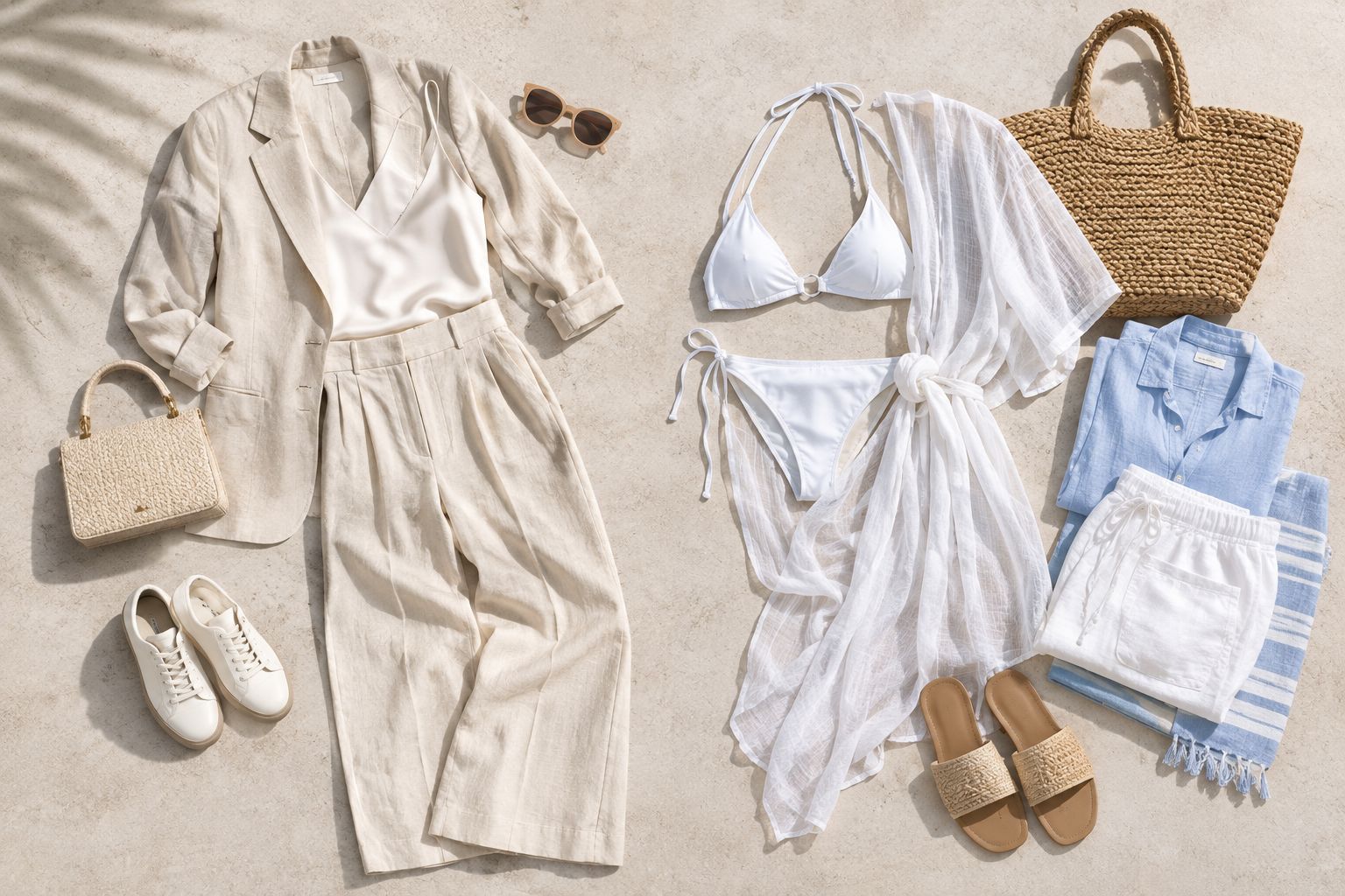 Tailored separates beside a poolside outfit and dry change of clothes