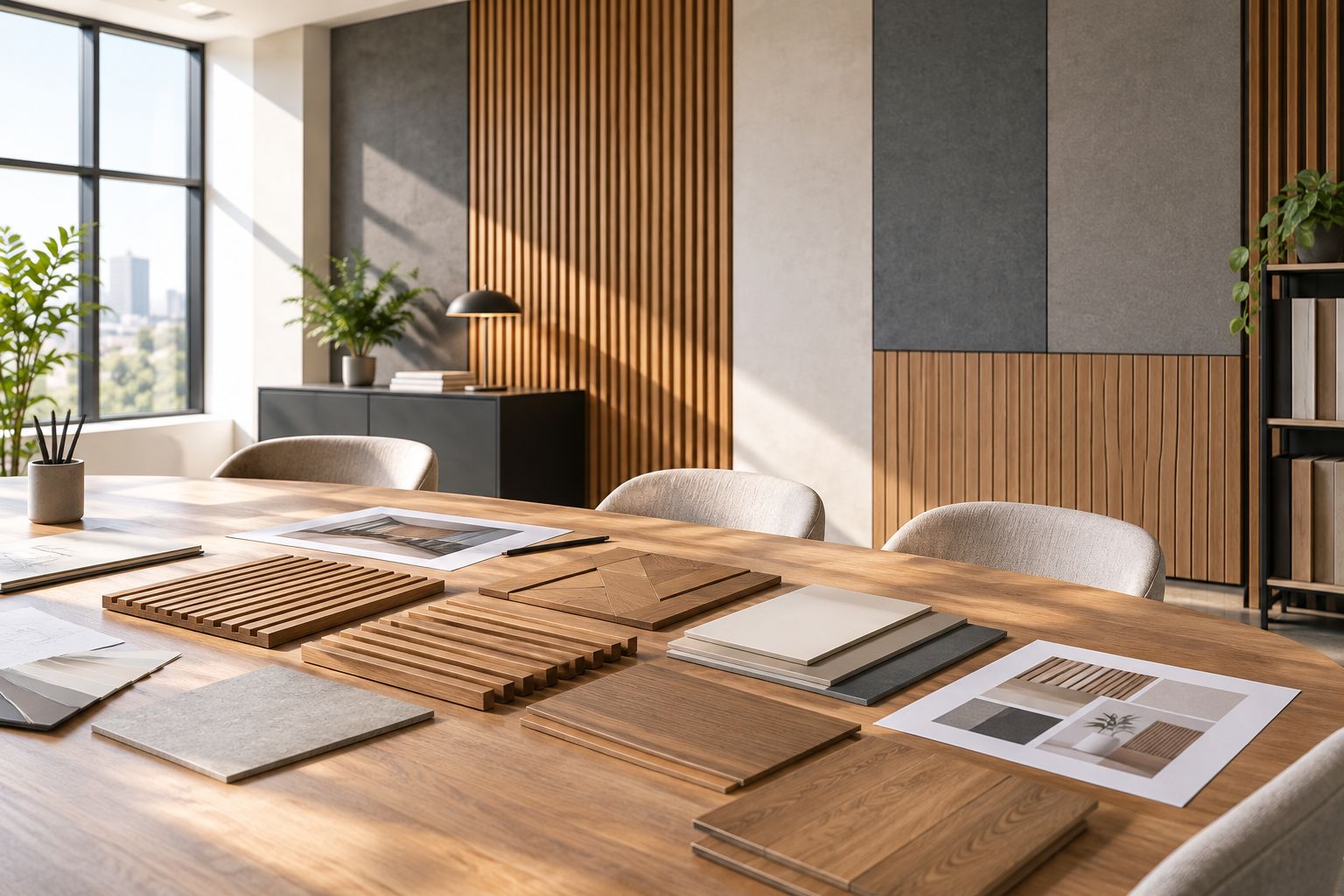 Wood slat and geometric panel samples compared beside flooring and painted finish boards
