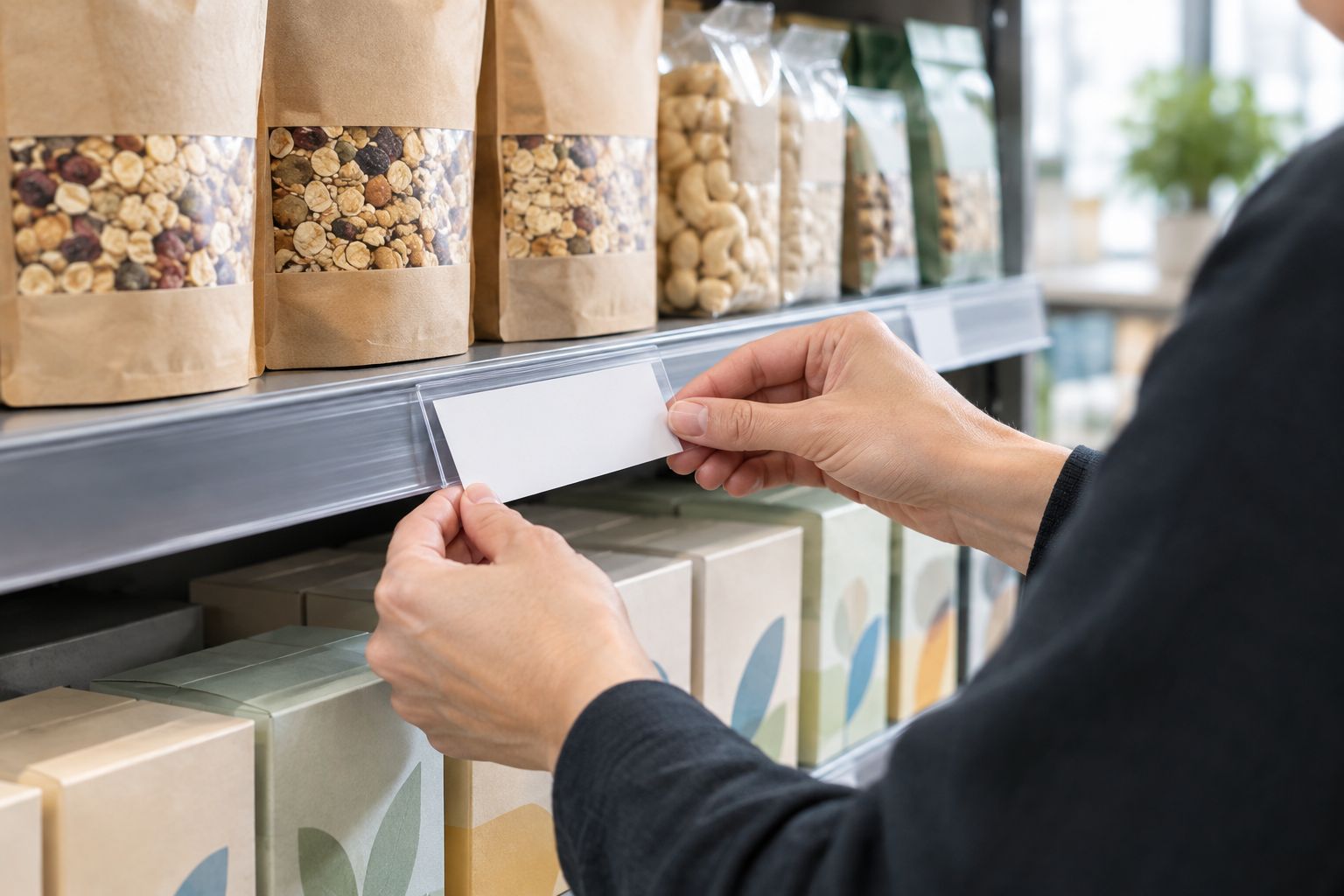 A staff member placing a blank ticket into a shelf-edge label holder