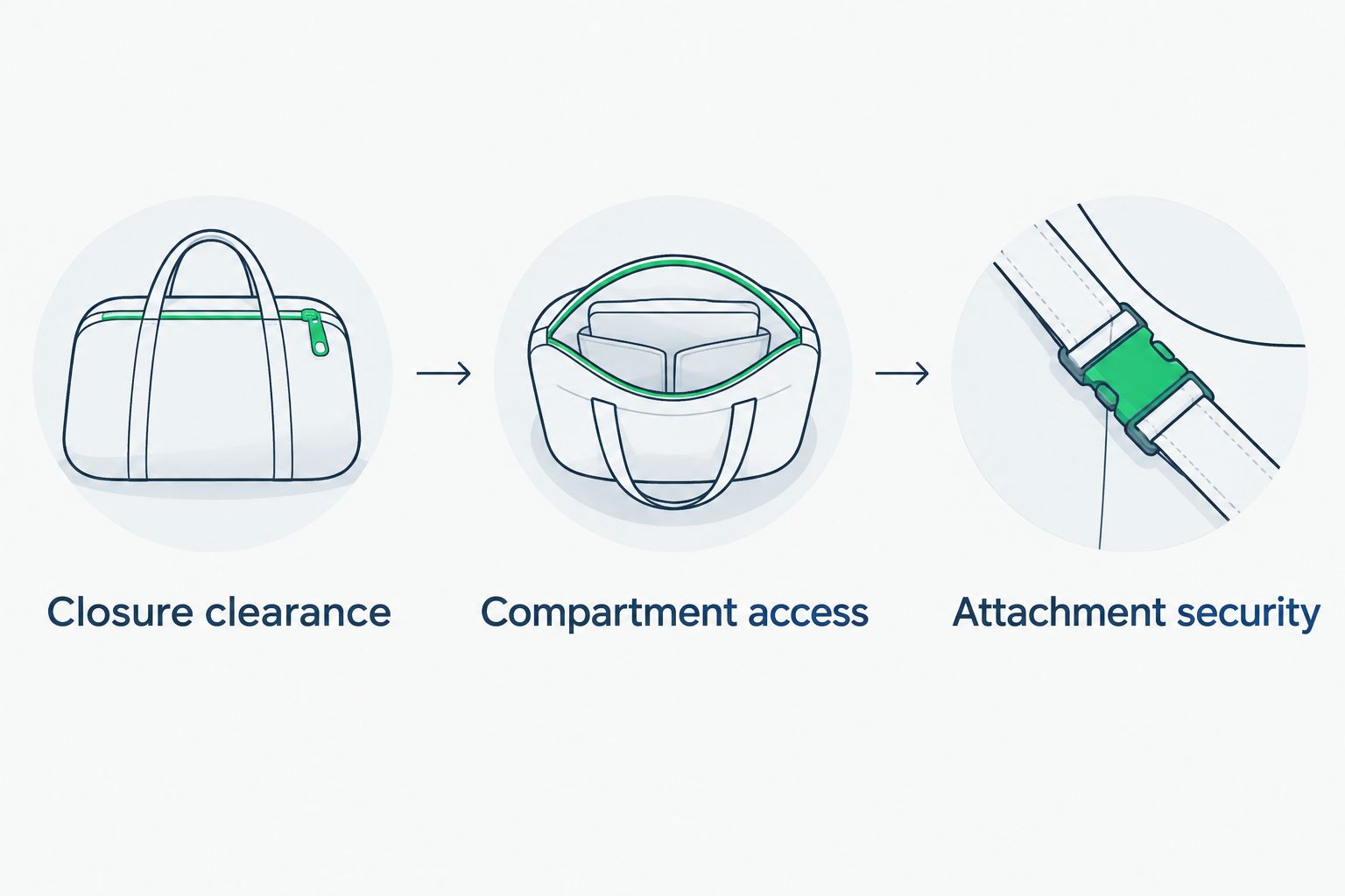 Three patch-placement checks: closure clearance, compartment access, and attachment security