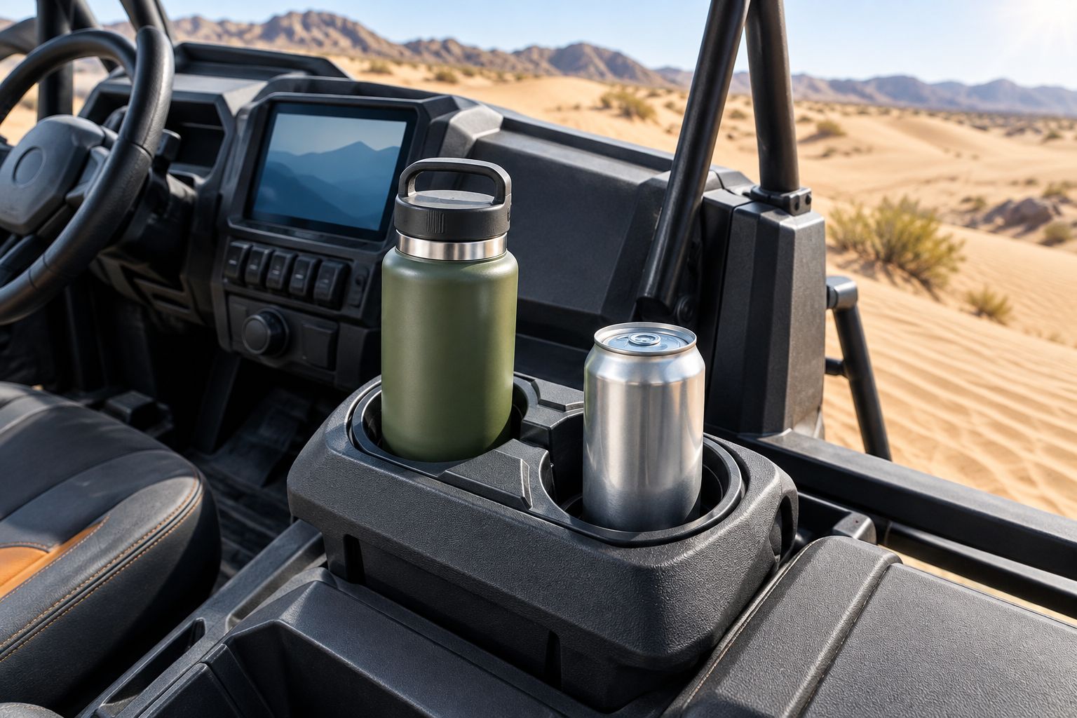 Insulated dual-cup UTV dash tray holding drinks on a sand dune