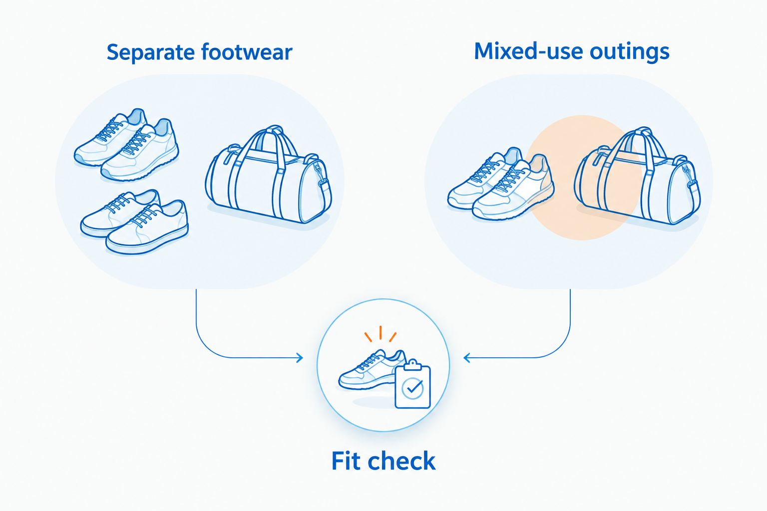 Two buying paths: separate footwear or mixed-use outings, both followed by a fit check