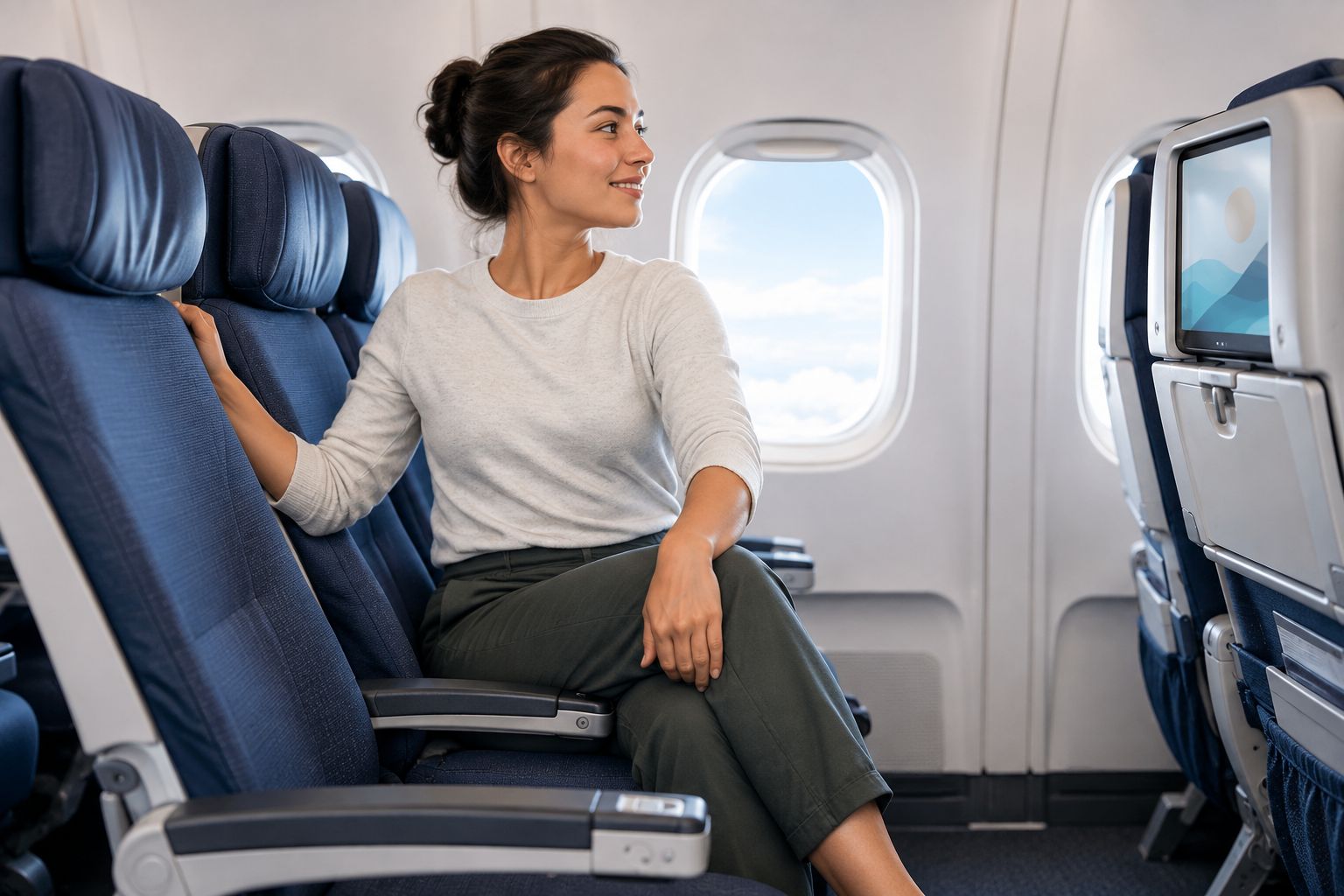Passenger doing a seated spinal twist stretch in an economy airplane seat