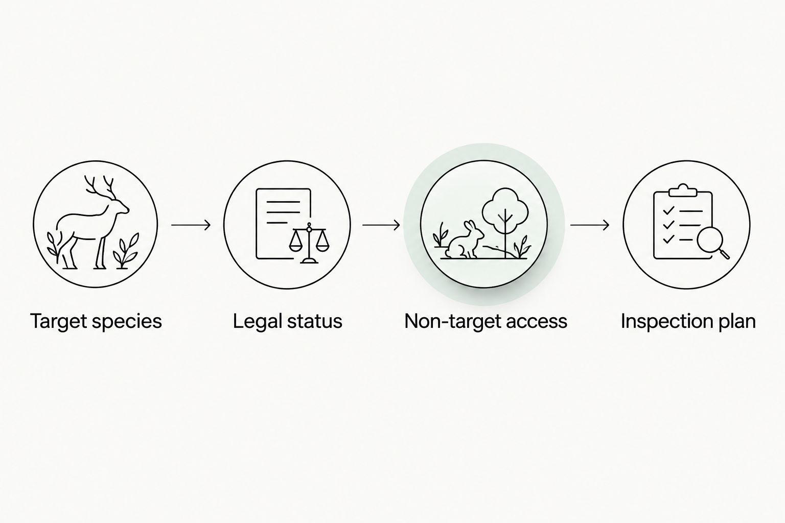 Decision sequence covering species, legal status, non-target access and inspection plan