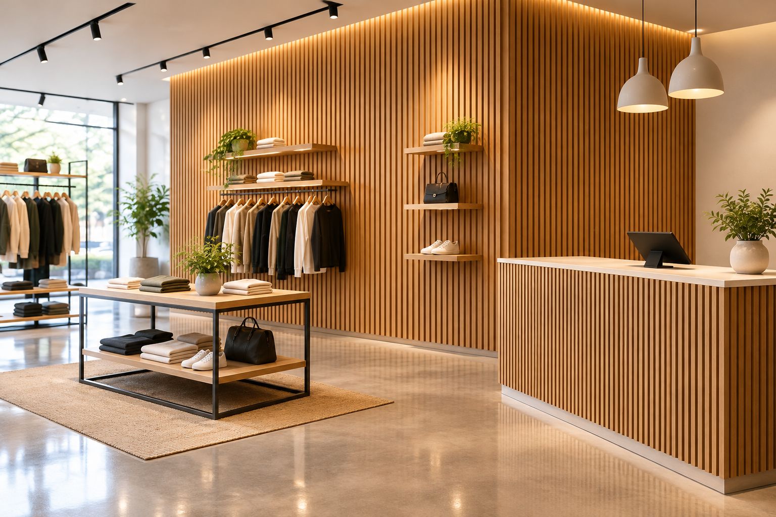Comptoir de boutique devant un mur à lattes de bois, avec retour d’angle et présentoirs indépendants.
