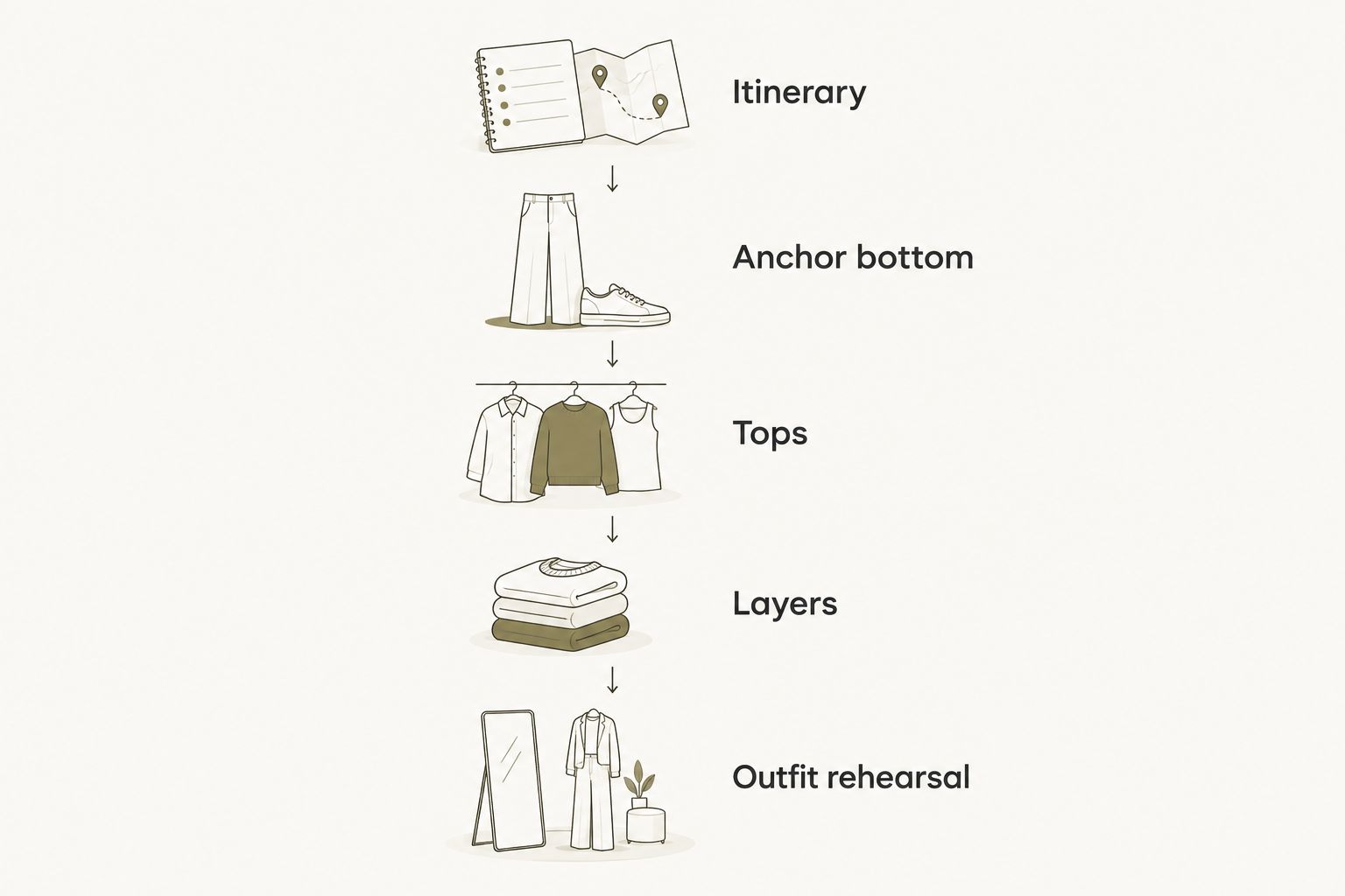 Packing sequence from itinerary and anchor bottom to tops, layers and an outfit rehearsal