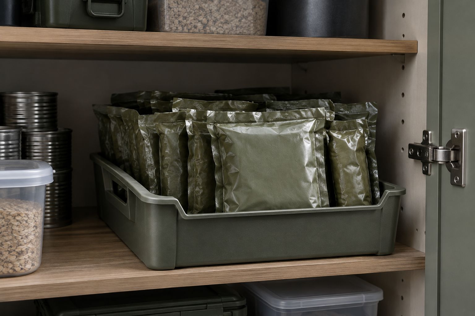Sealed camping food pouches organised upright in a clean indoor cupboard