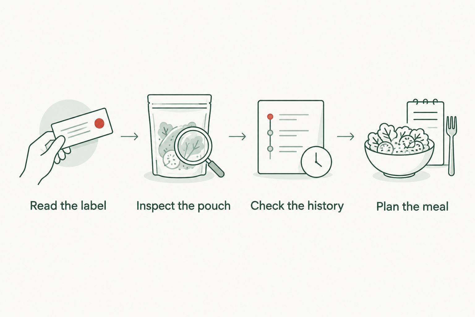 Four checks covering food labels, pouch condition, storage history and meal planning