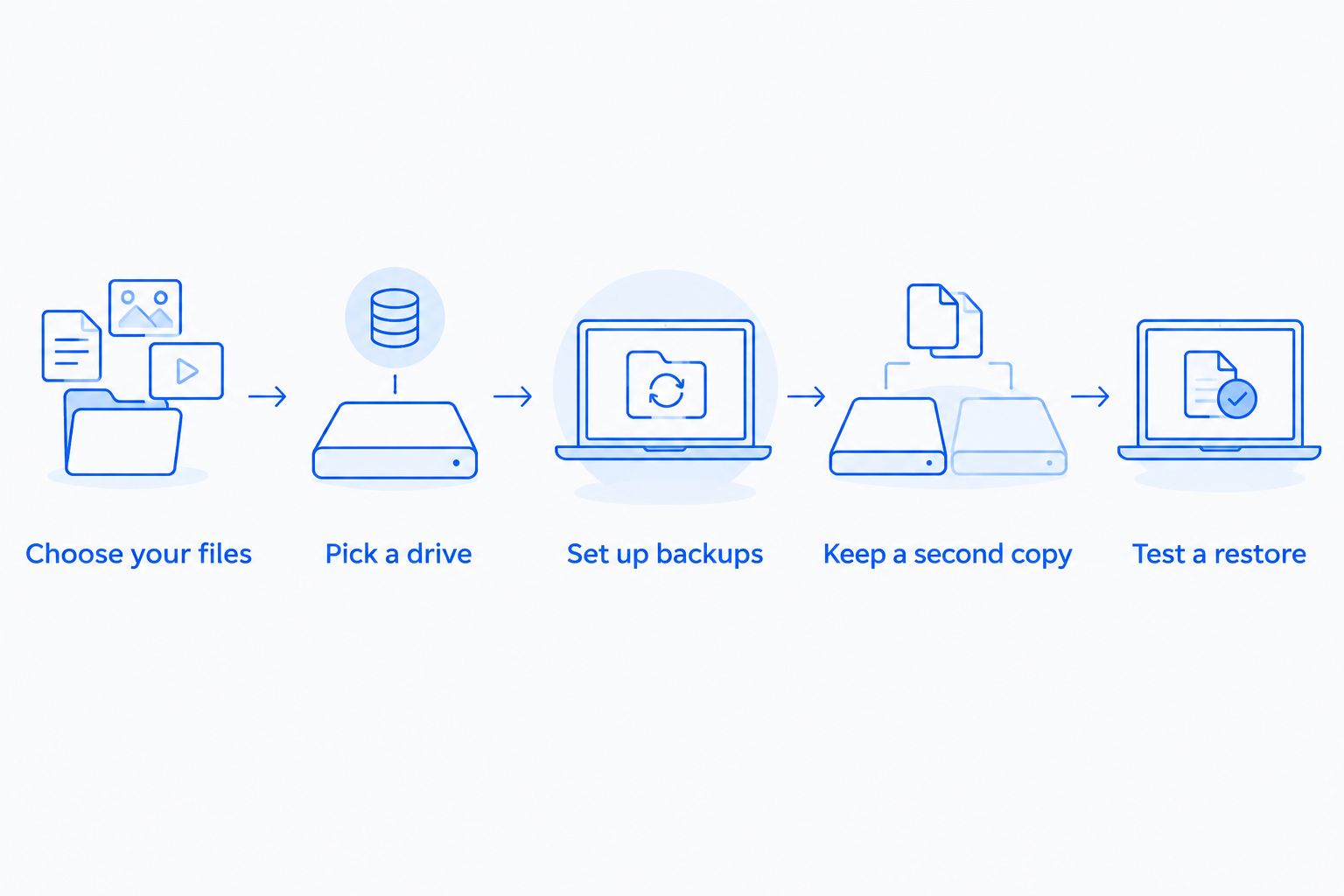 Local backup steps from choosing files and a drive through testing a restore