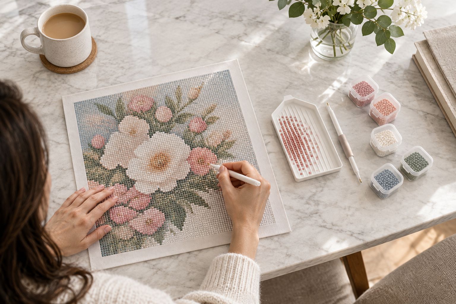 A floral diamond painting canvas with a drill tray, stylus, and closed containers beside the working area.
