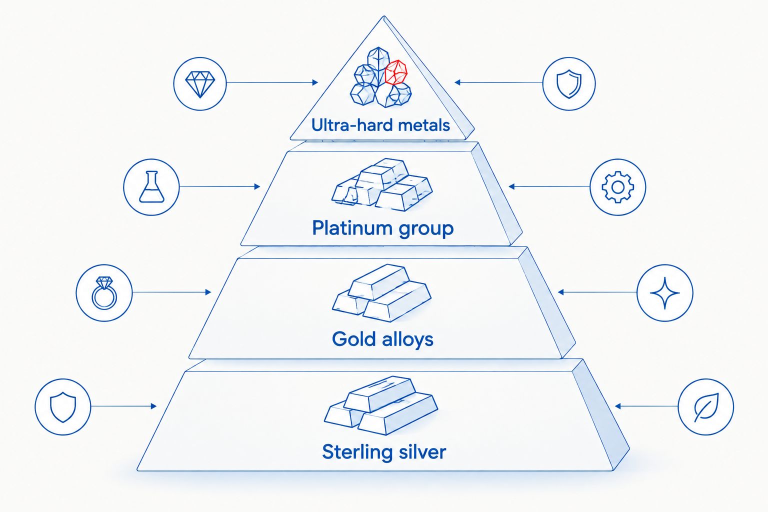 Pyramid showing engagement ring metal durability tiers from softest to hardest