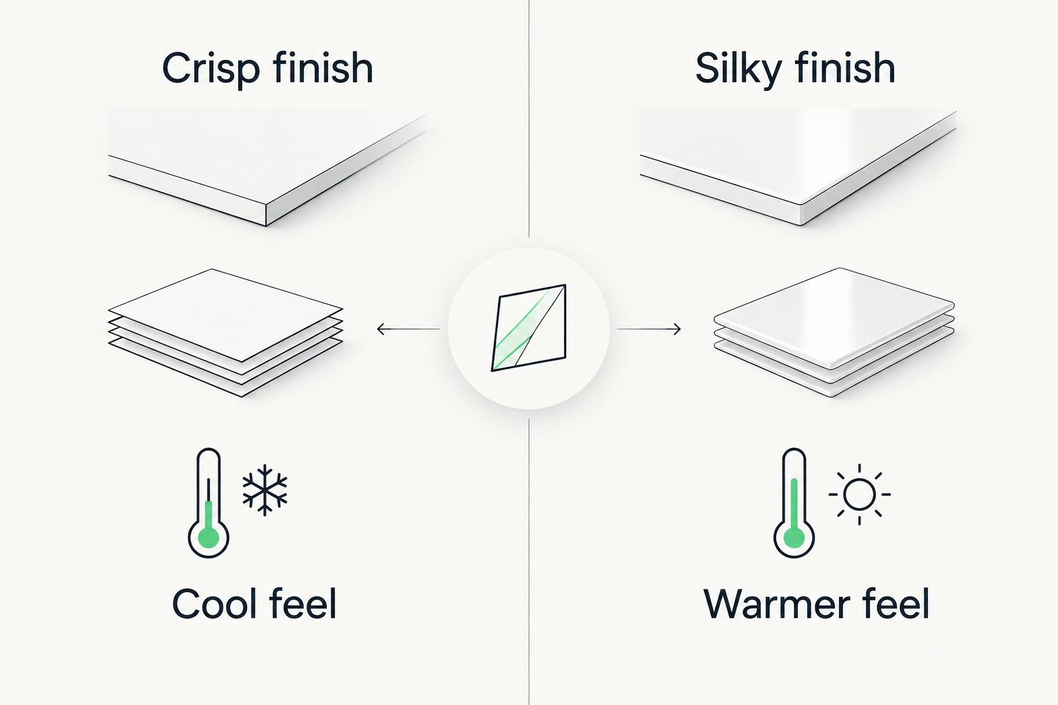 Two-column diagram comparing percale and sateen sheet characteristics