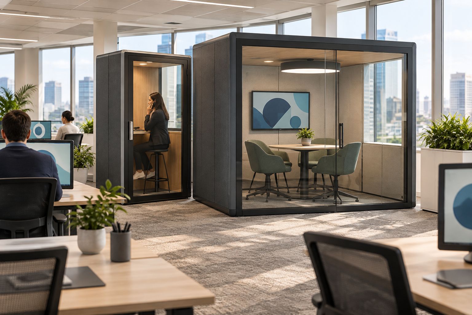 An individual phone booth and a small meeting enclosure beside a shared office area
