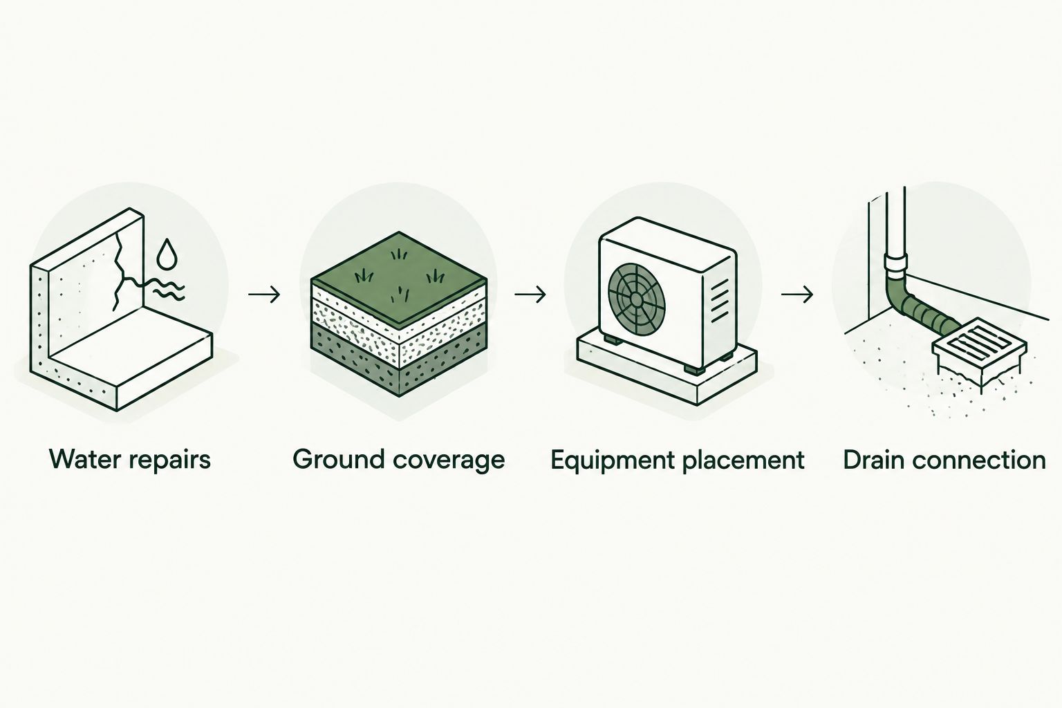 Sequence showing water repairs, ground coverage, equipment placement, and drain connection