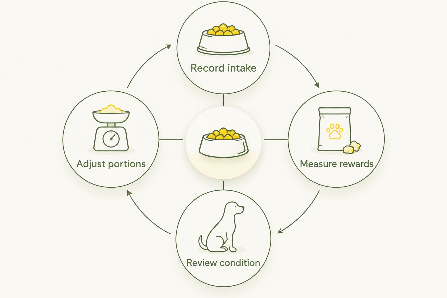 A feeding review loop covering food intake, training rewards, body condition and portion adjustments