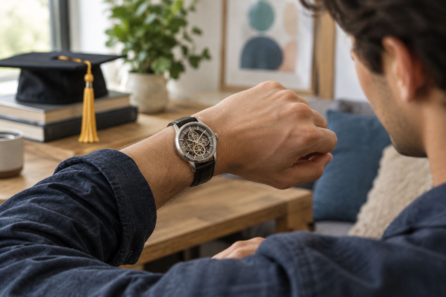 Man wearing an openwork watch with a dark leather strap