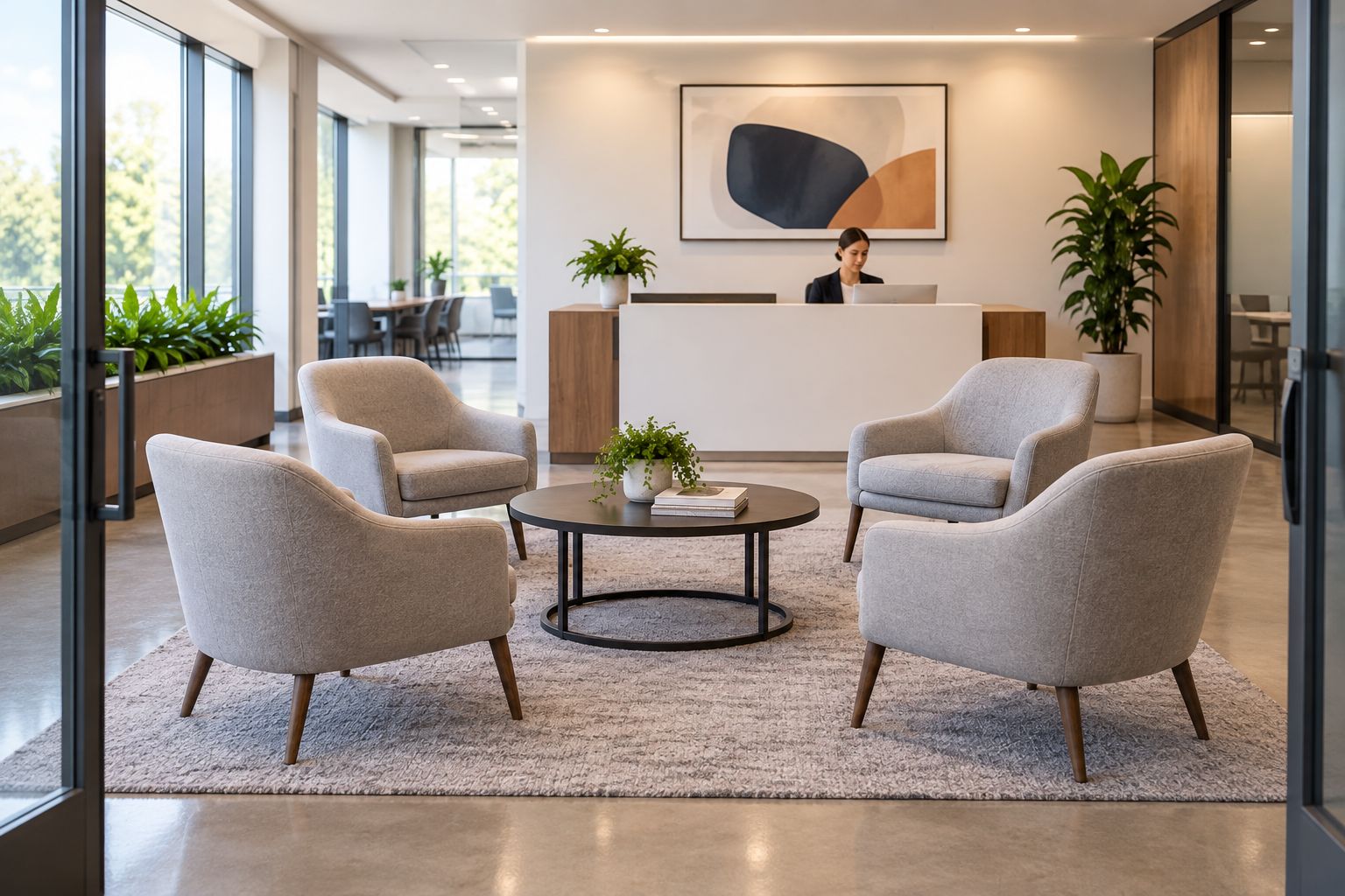 Office reception with visitor lounge seating separate from the staffed desk