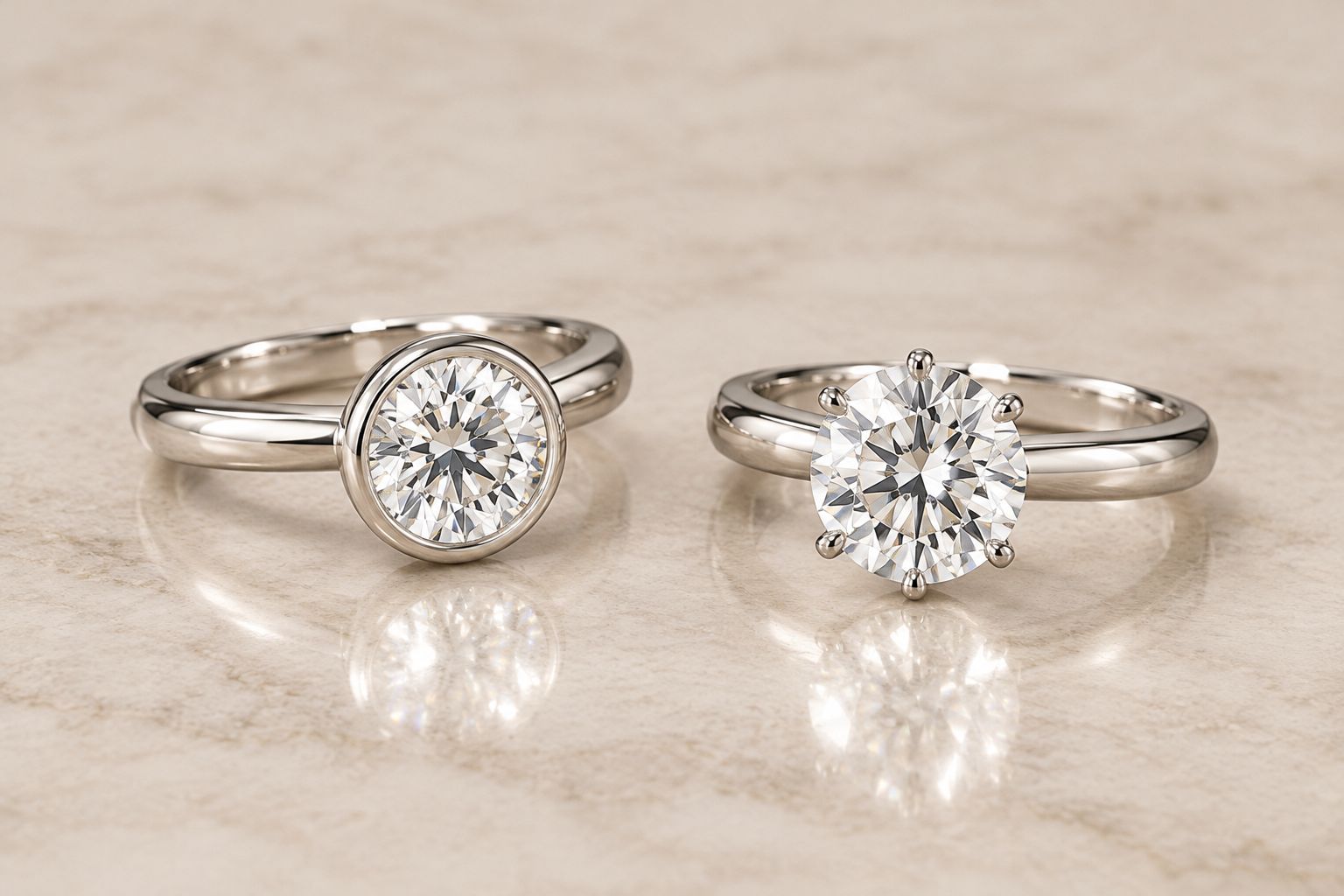 Bezel and prong diamond settings showing different amounts of exposed stone
