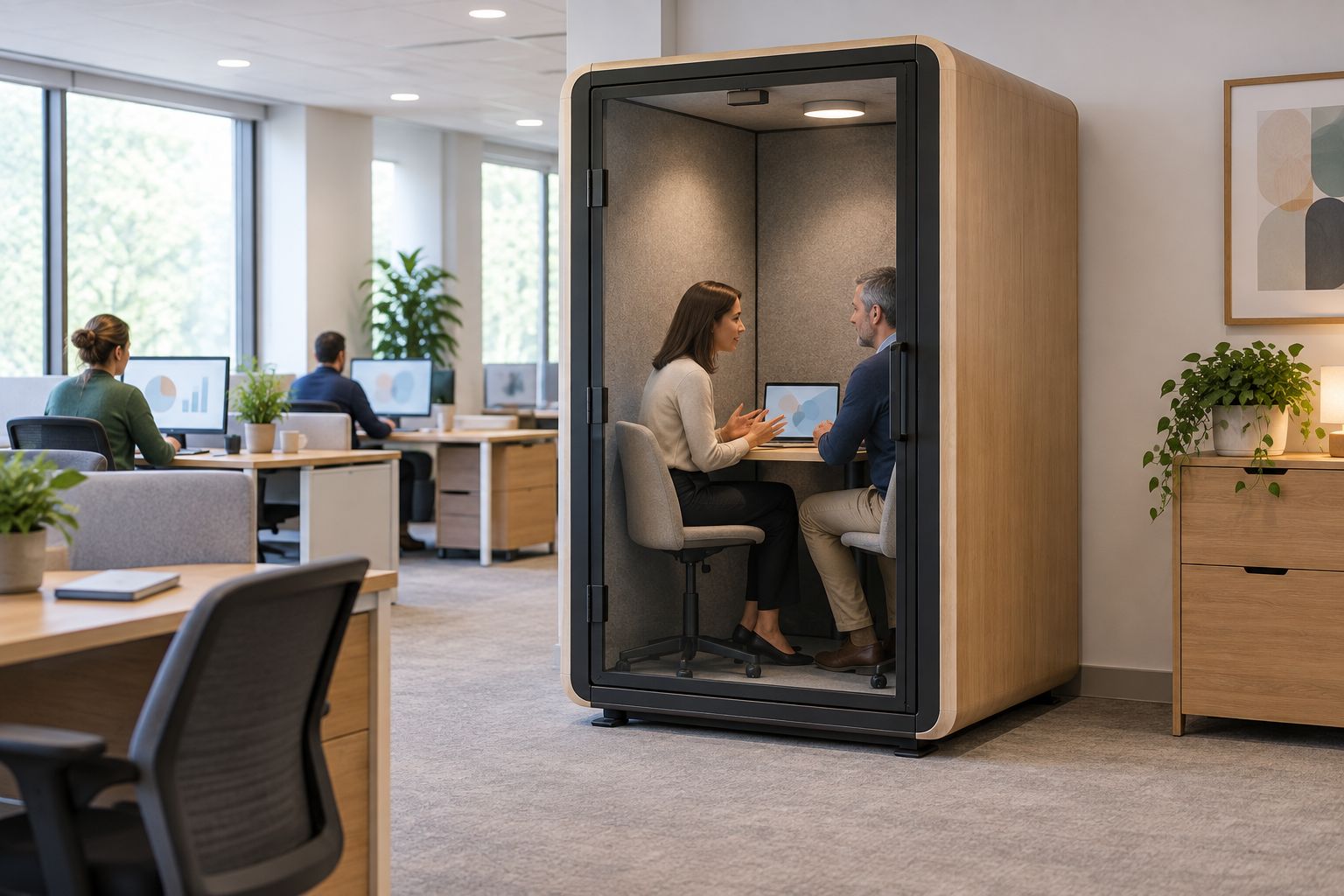 Two adults talking inside an unbranded office booth beside administrative desks