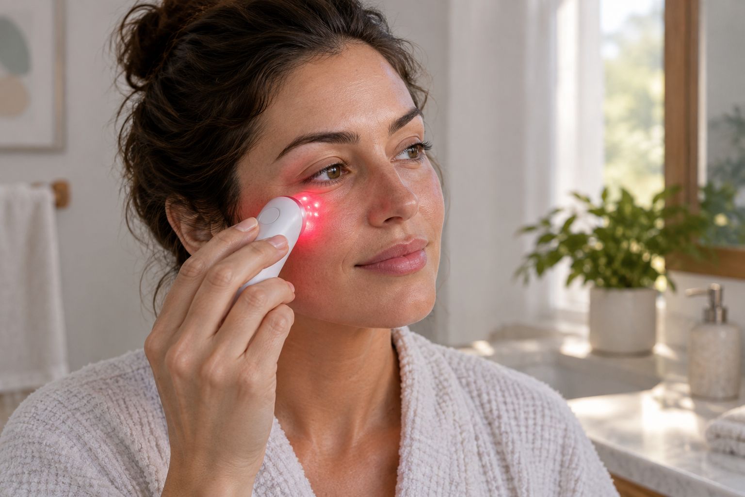Woman using a handheld red light device under the eyes in morning light