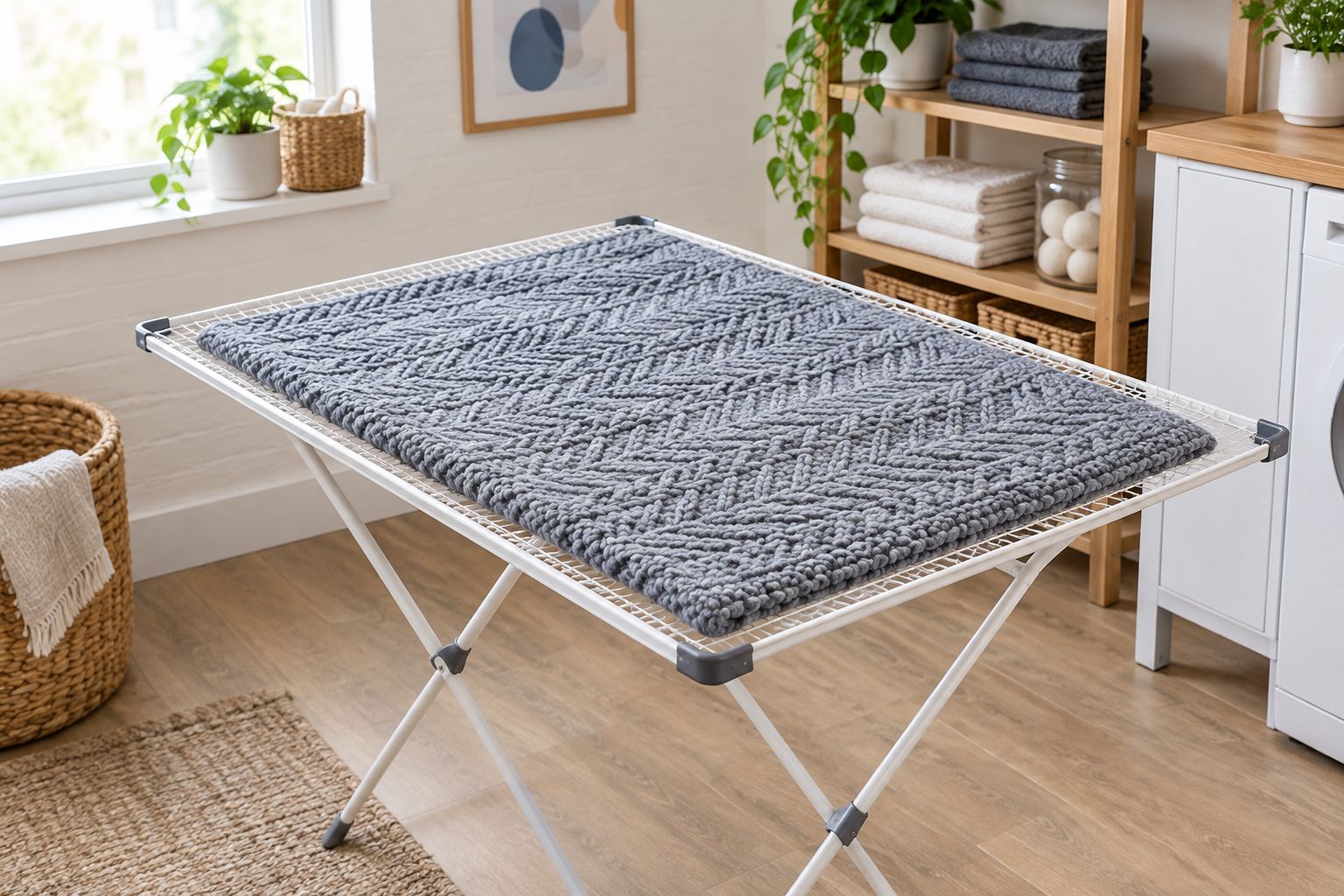 A knitted throw supported flat on a mesh drying rack with space around it