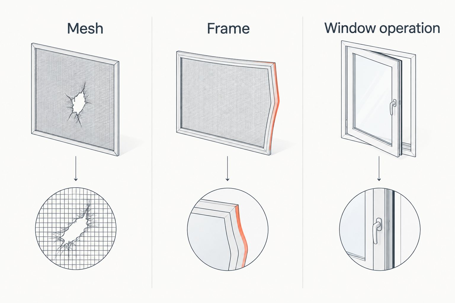 Three inspection areas: screen mesh, screen frame, and window operation.