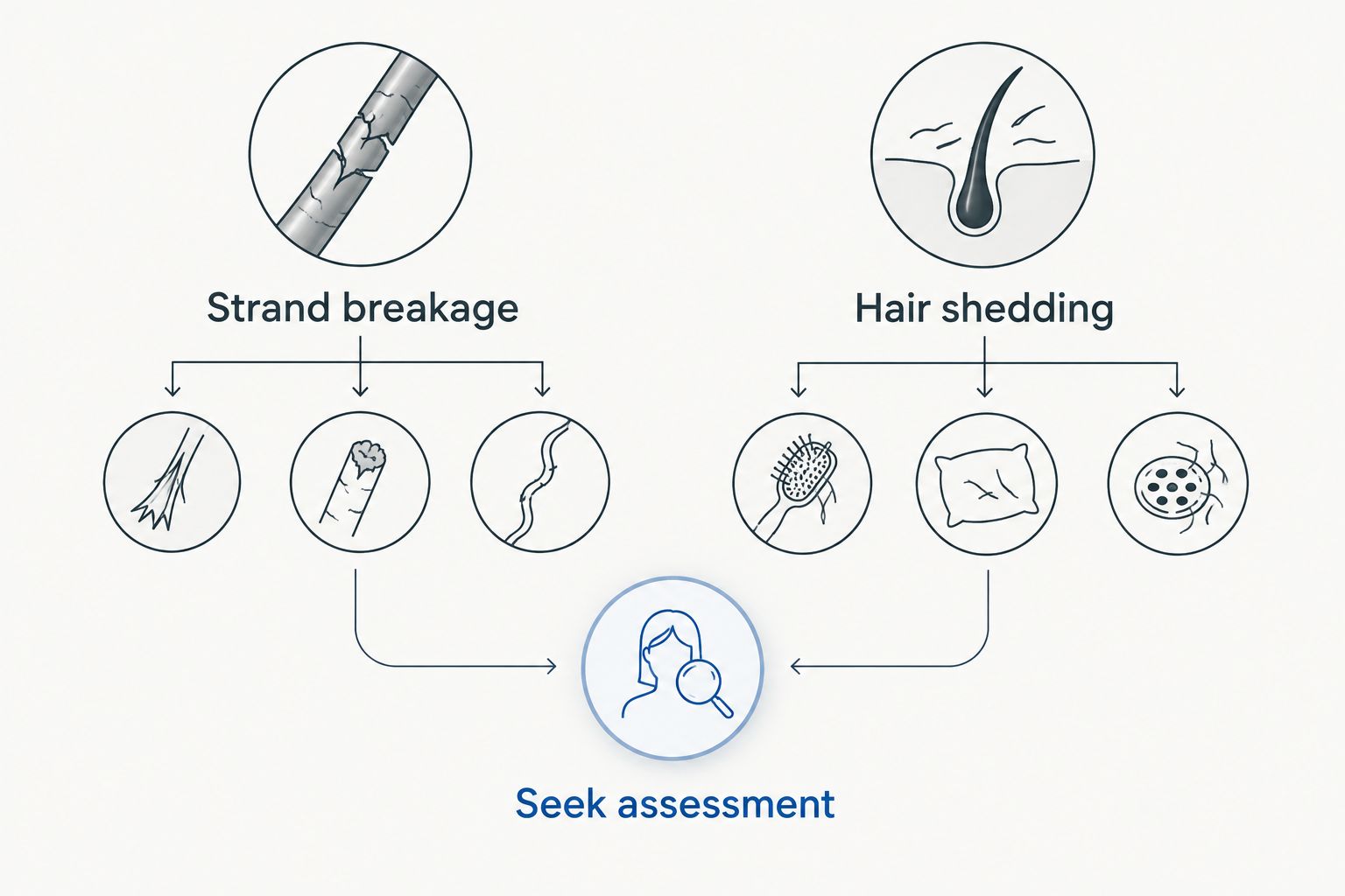 Comparison of strand breakage and hair shedding, with assessment advised for concerning changes
