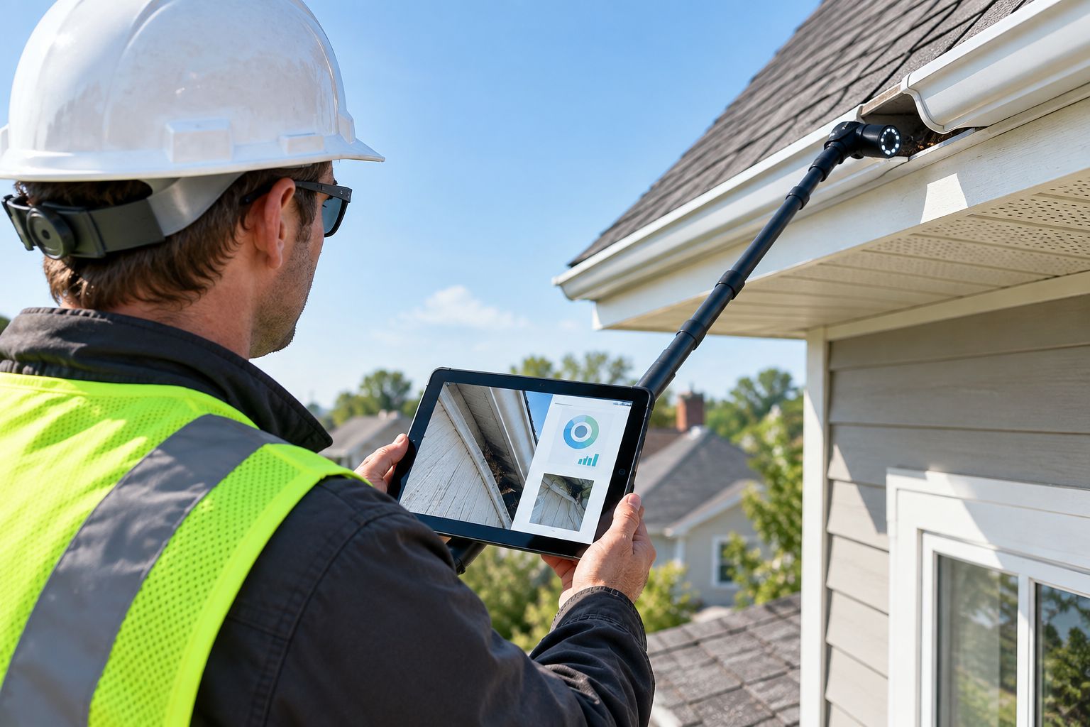 Technician using a telescoping pole camera to inspect a roof gutter and eave