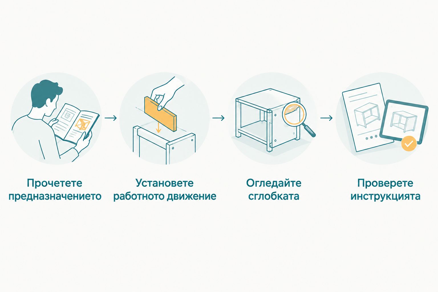 Проверка на предназначението, работното движение, сглобката и инструкцията на лопата.