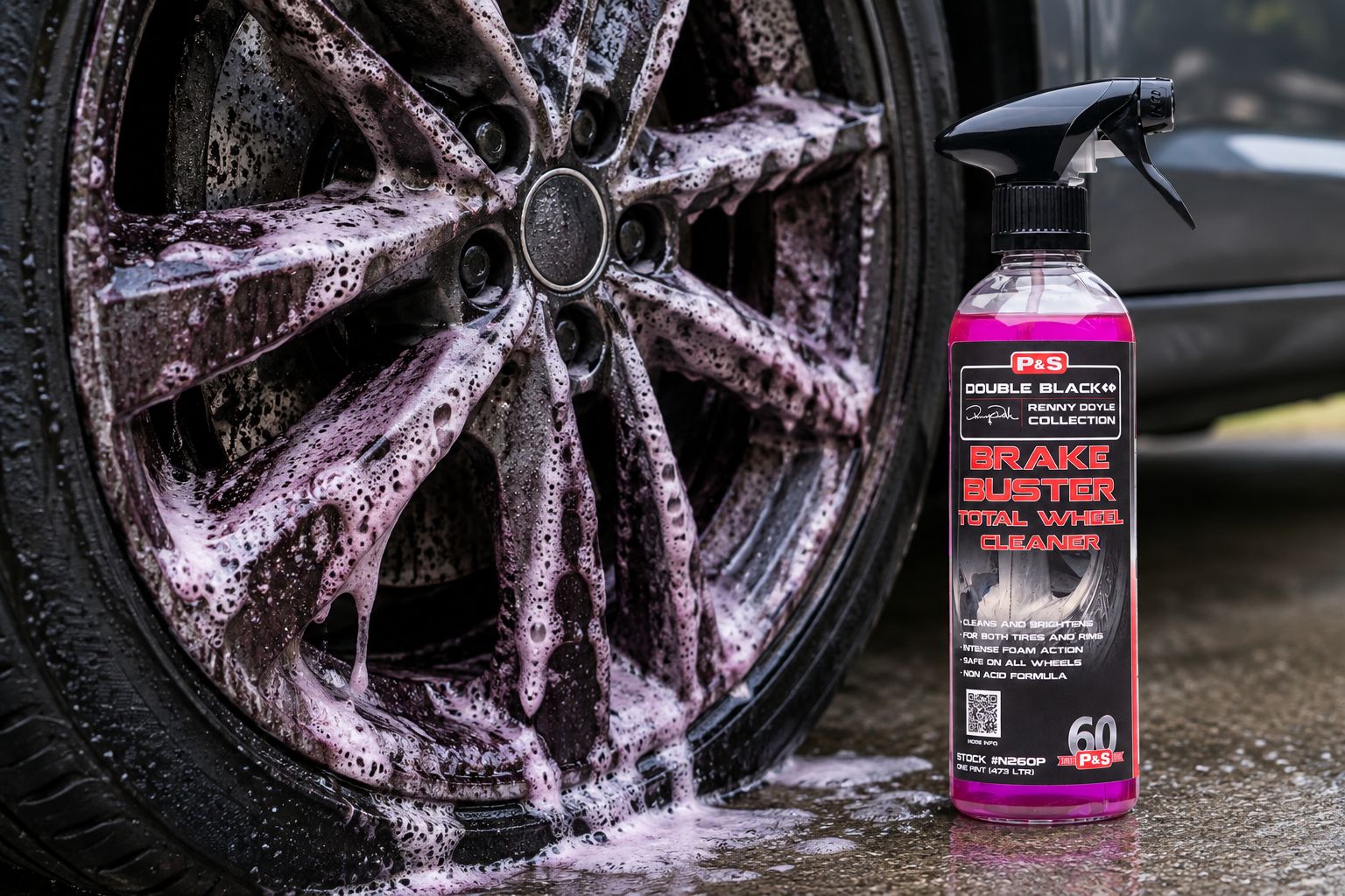 Wheel cleaner foam dwelling on brake dust on an alloy wheel