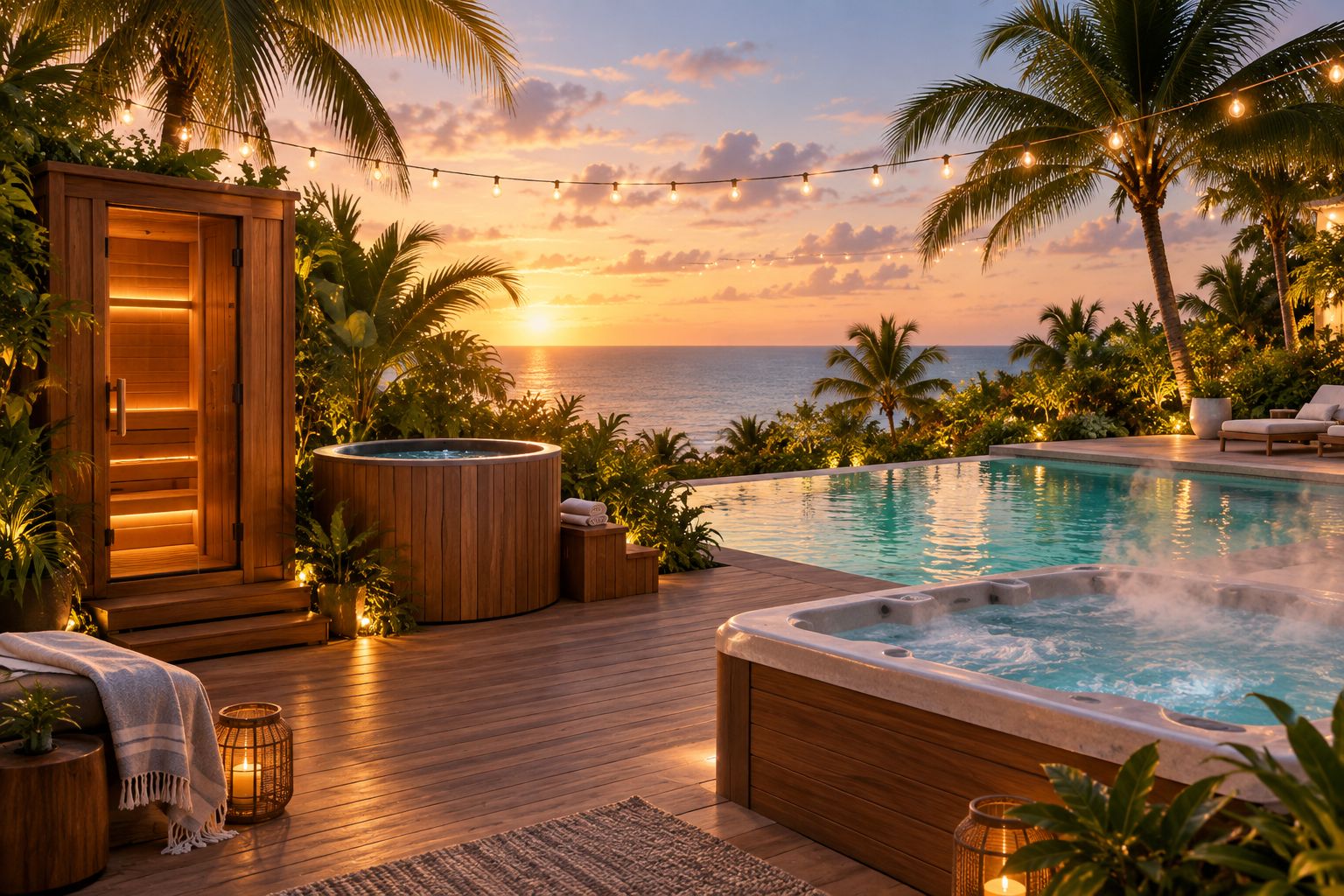 Backyard sauna, cold plunge, hot tub, and pool circuit at a private vacation home
