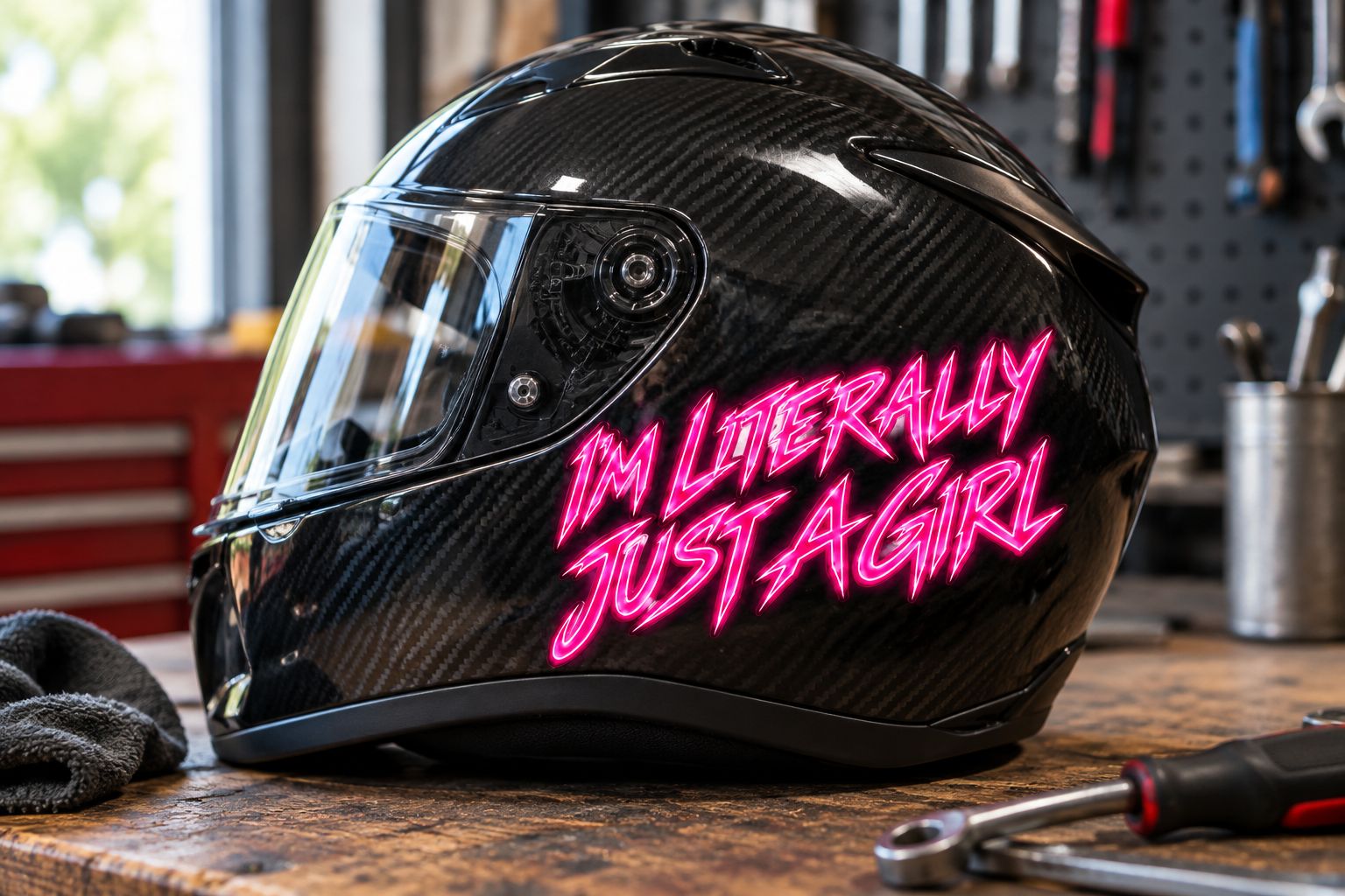 A motorcycle decal on the side of a helmet on a workbench