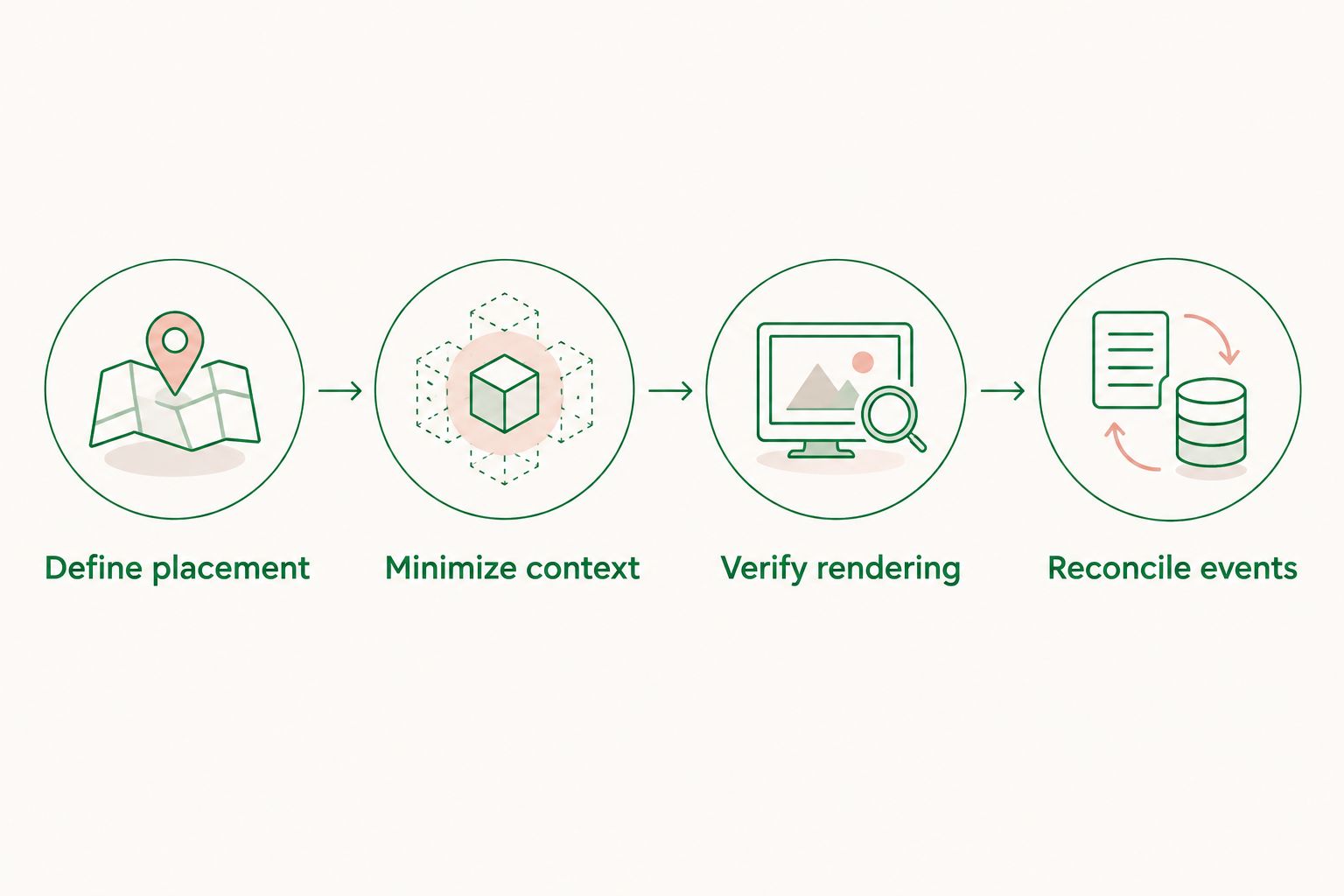 Four evaluation steps covering placement, context, rendering, and event reconciliation