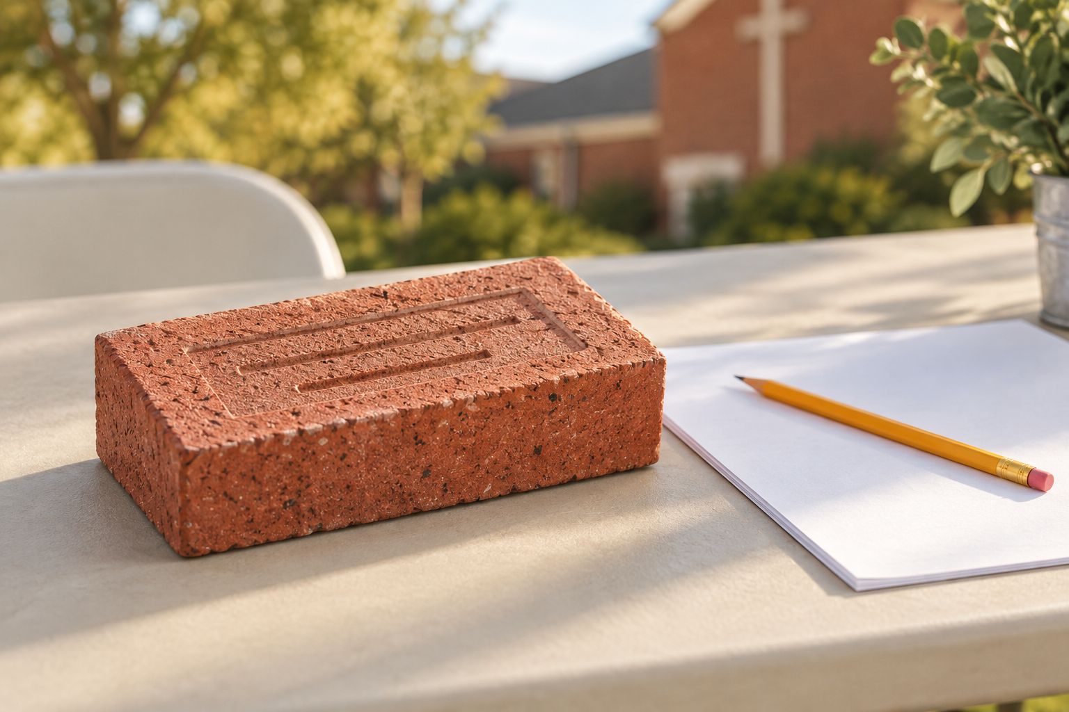A generic engraved brick sample on a planning table for close inspection