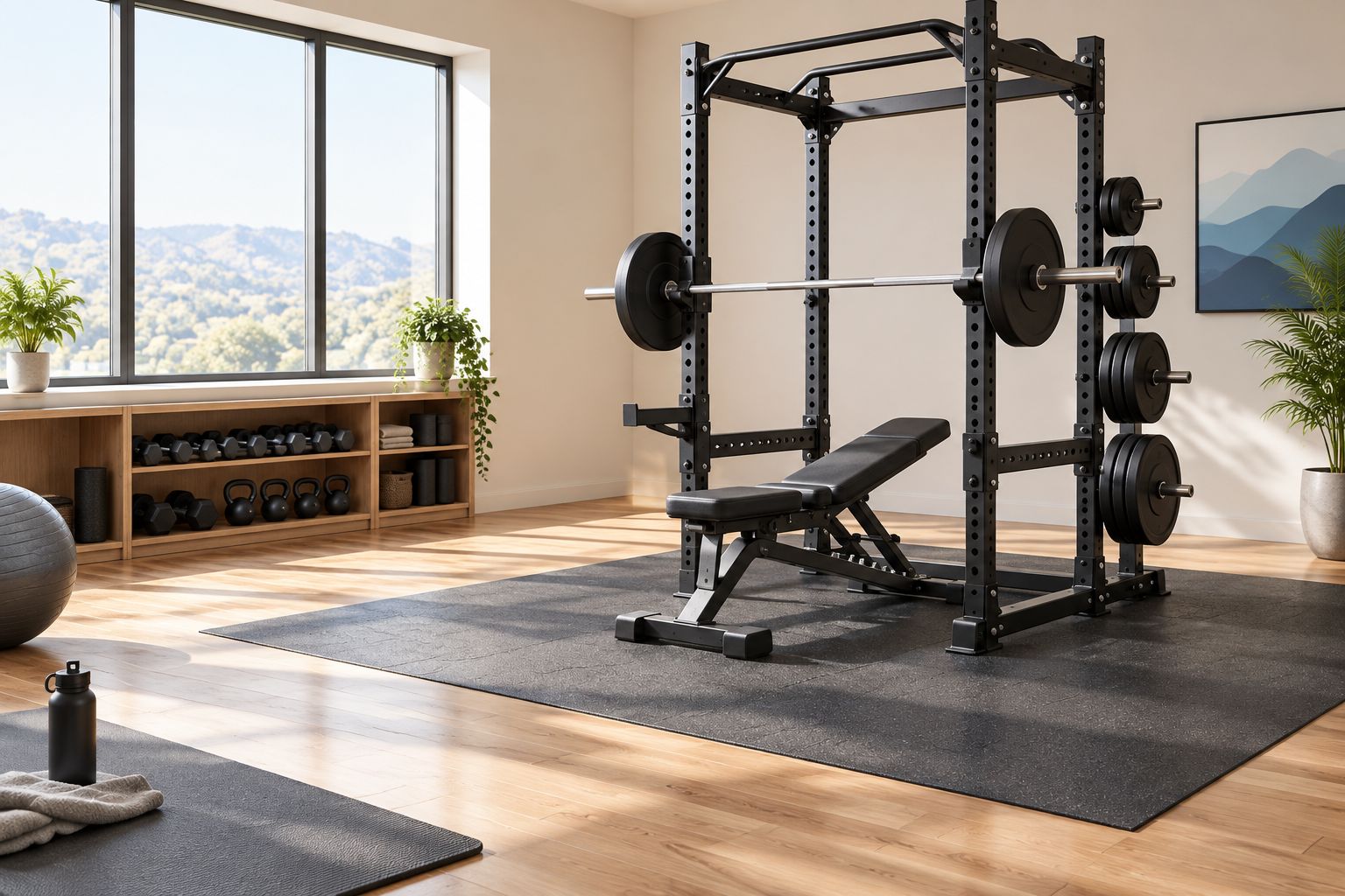Power rack, bench and weights with open floor space around the lifting area