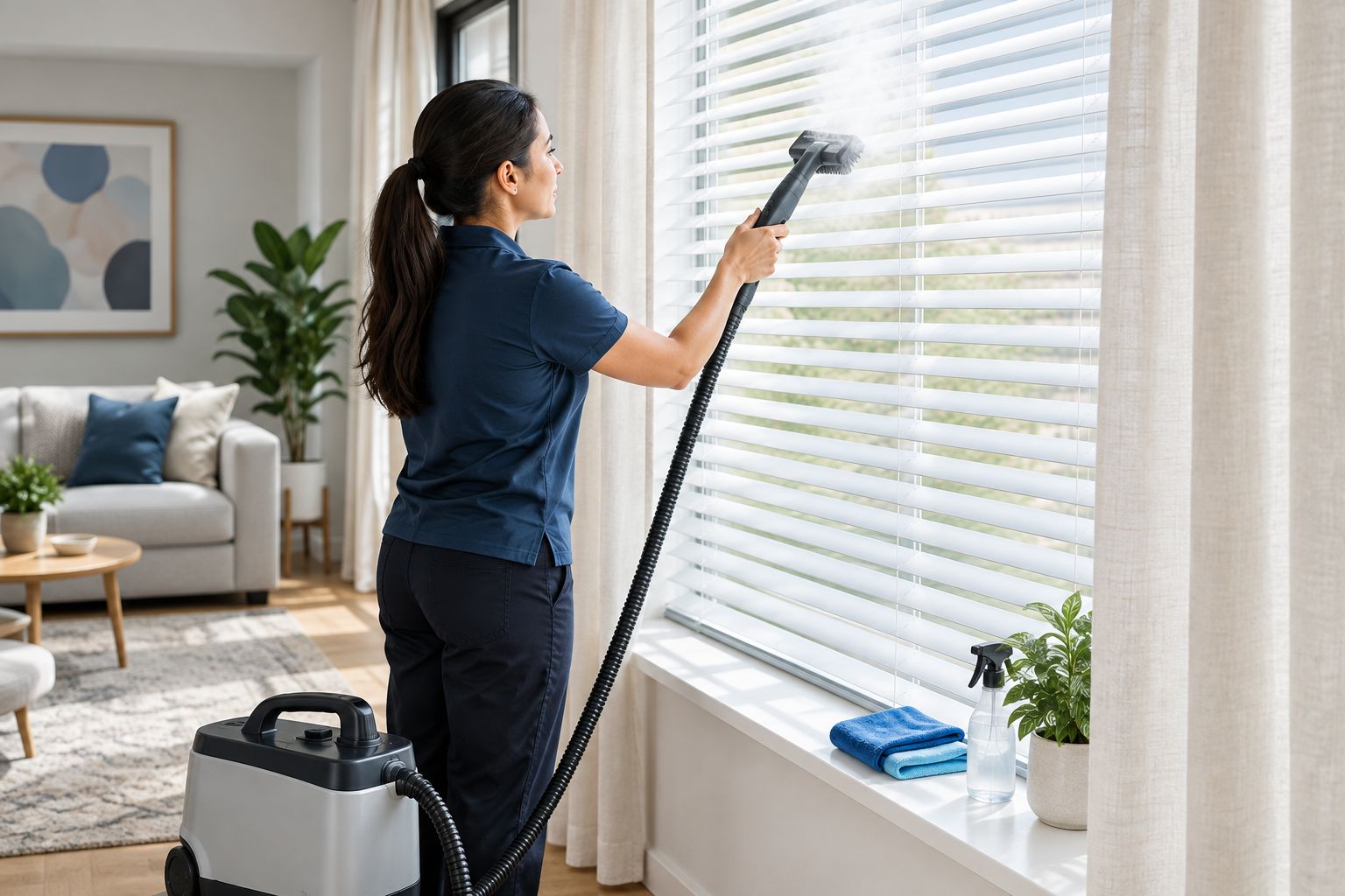Cleaner steam cleaning venetian blinds mounted in a rental apartment window