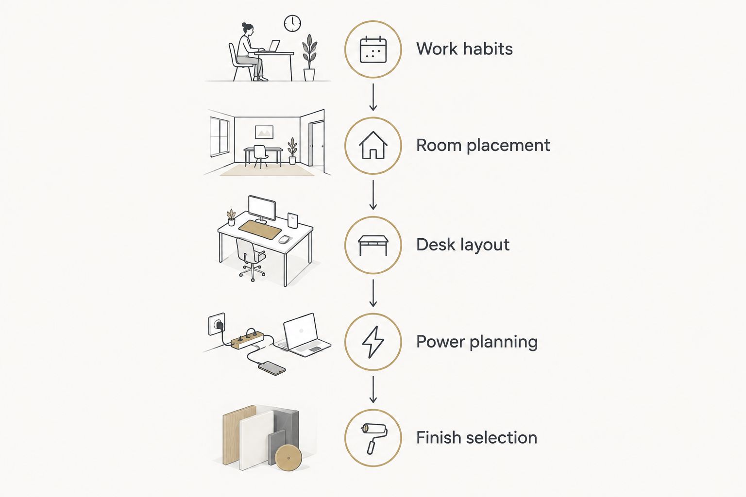 Office planning sequence from work habits through room placement, desk layout, power, and finishes.