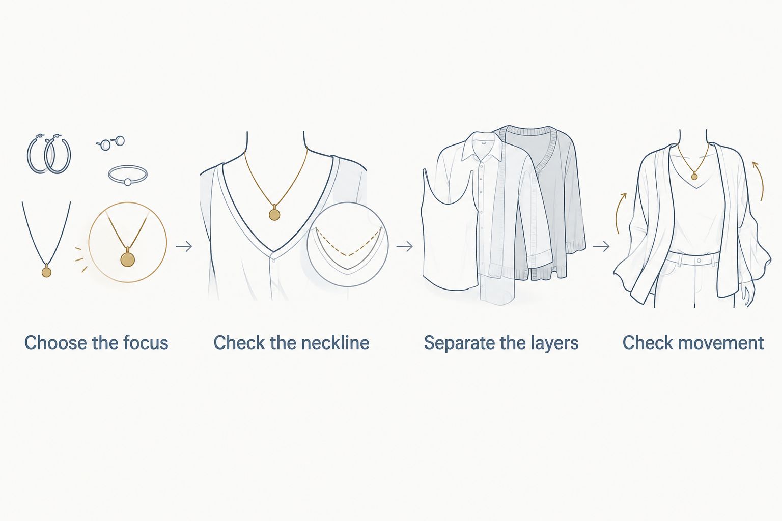 Four styling steps from choosing a jewelry focus to checking movement