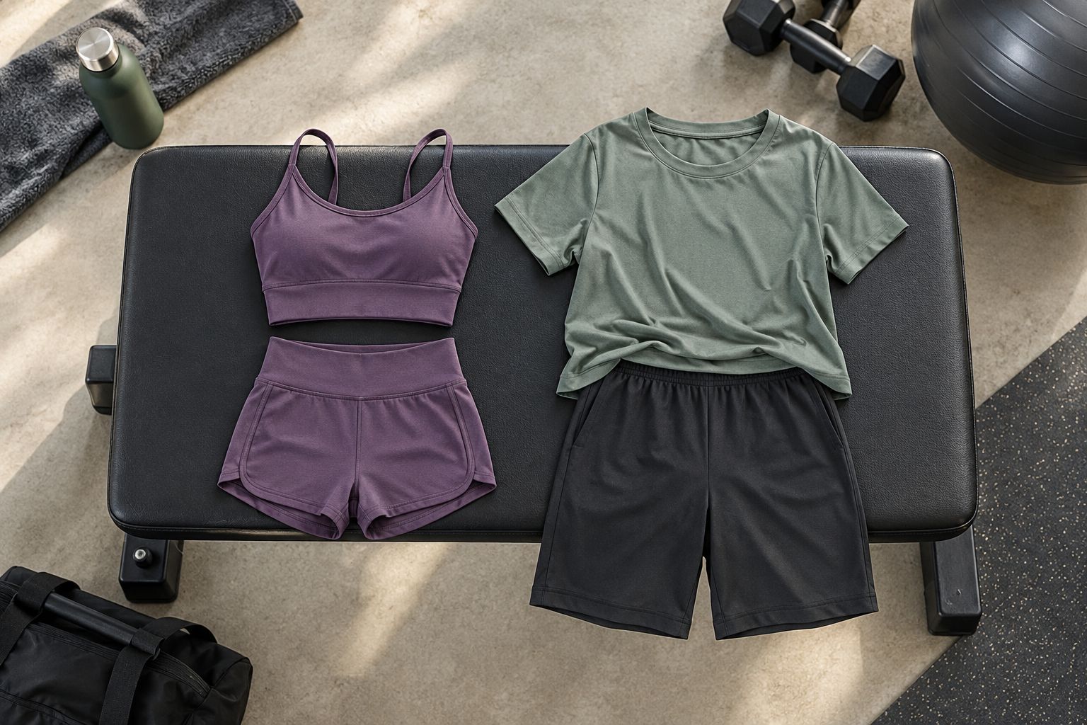 Workout outfits showing contrasting shorts lengths and fitted versus relaxed silhouettes