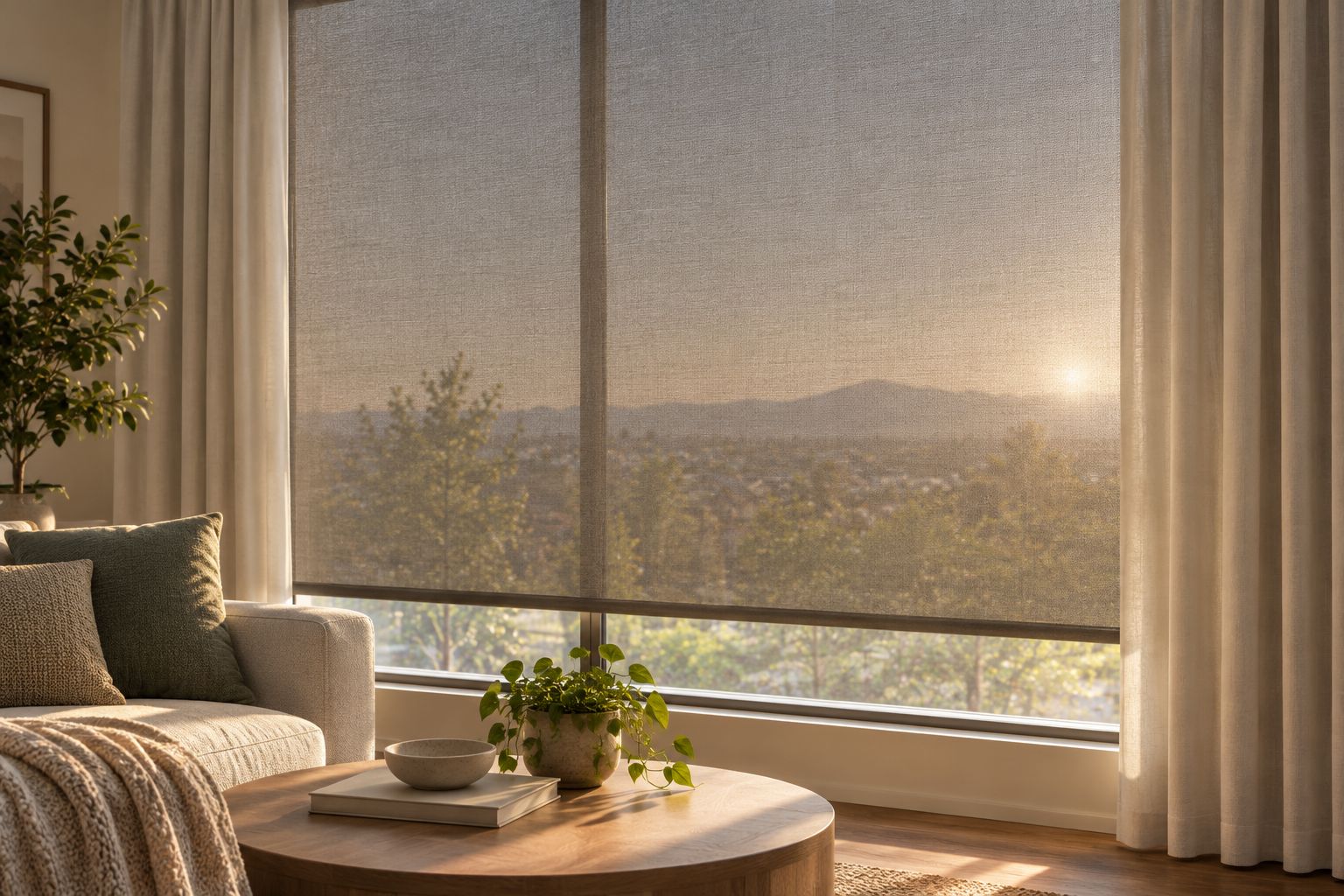 Solar roller shade with a separate pair of drapery panels beside the window