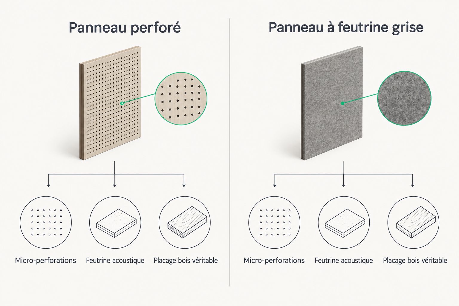 Comparaison entre panneau acoustique bois perforé et panneau à feutrine