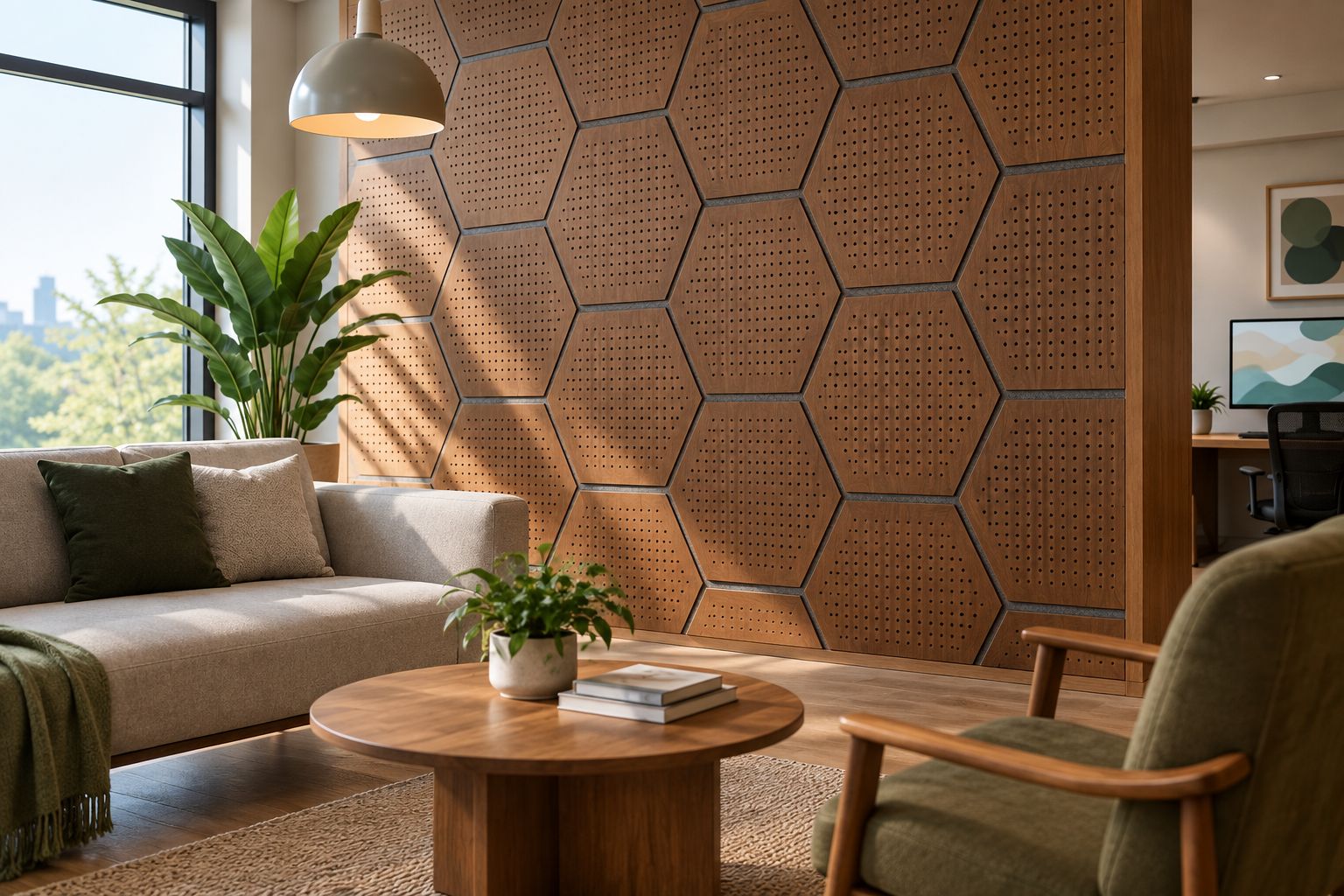 Mur d'accent en panneaux hexagonaux bois noyer avec feutrine grise