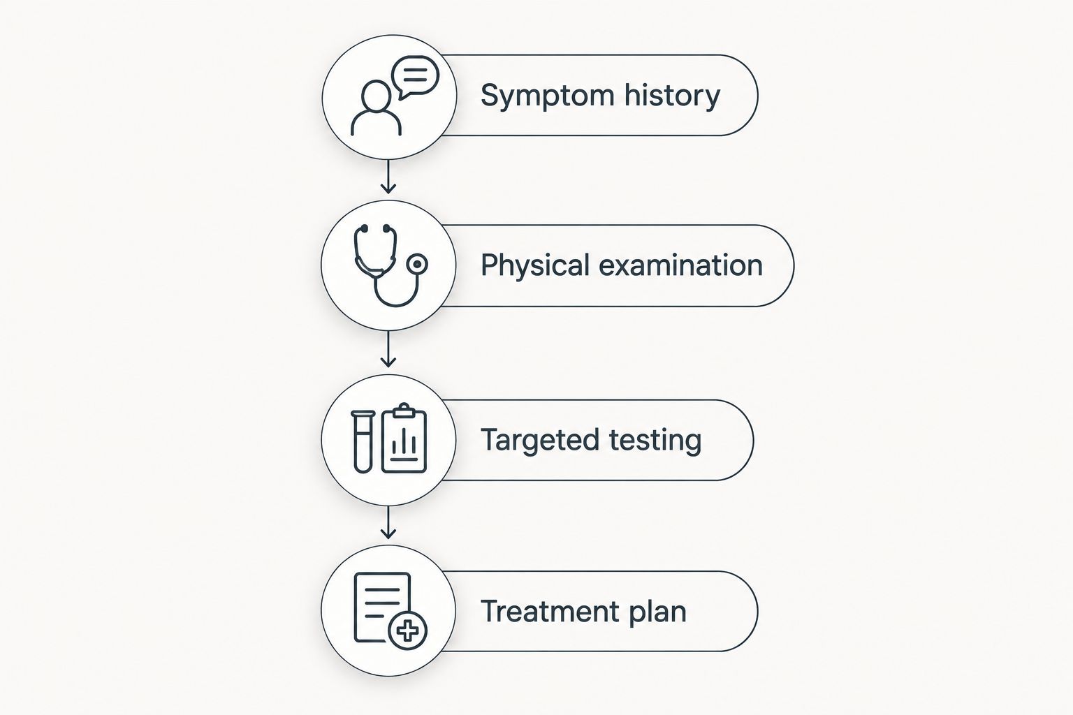 Four evaluation steps from symptom history through a treatment plan