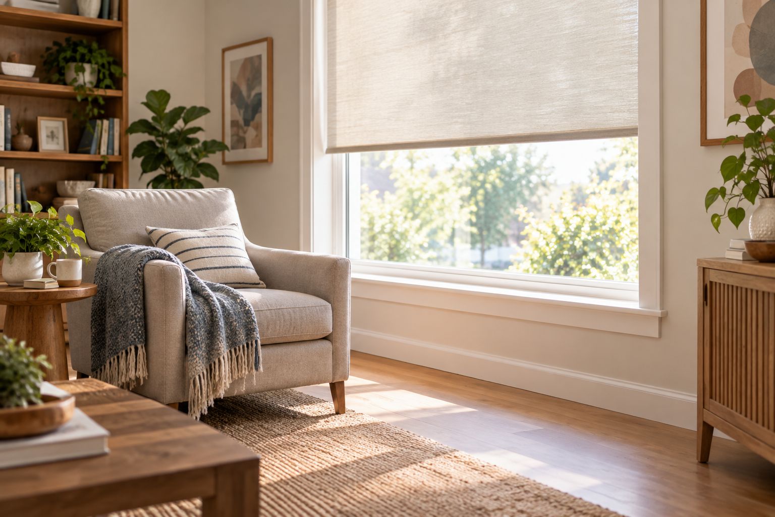 Reading chair beside a partly lowered window shade with a clear path to the window