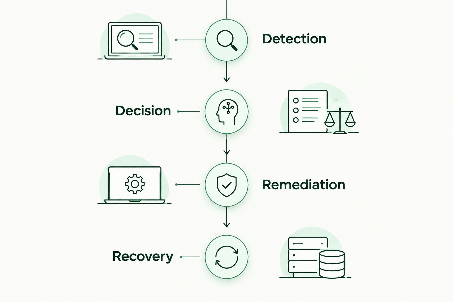 Four responsibility stages from detection through decision and remediation to recovery
