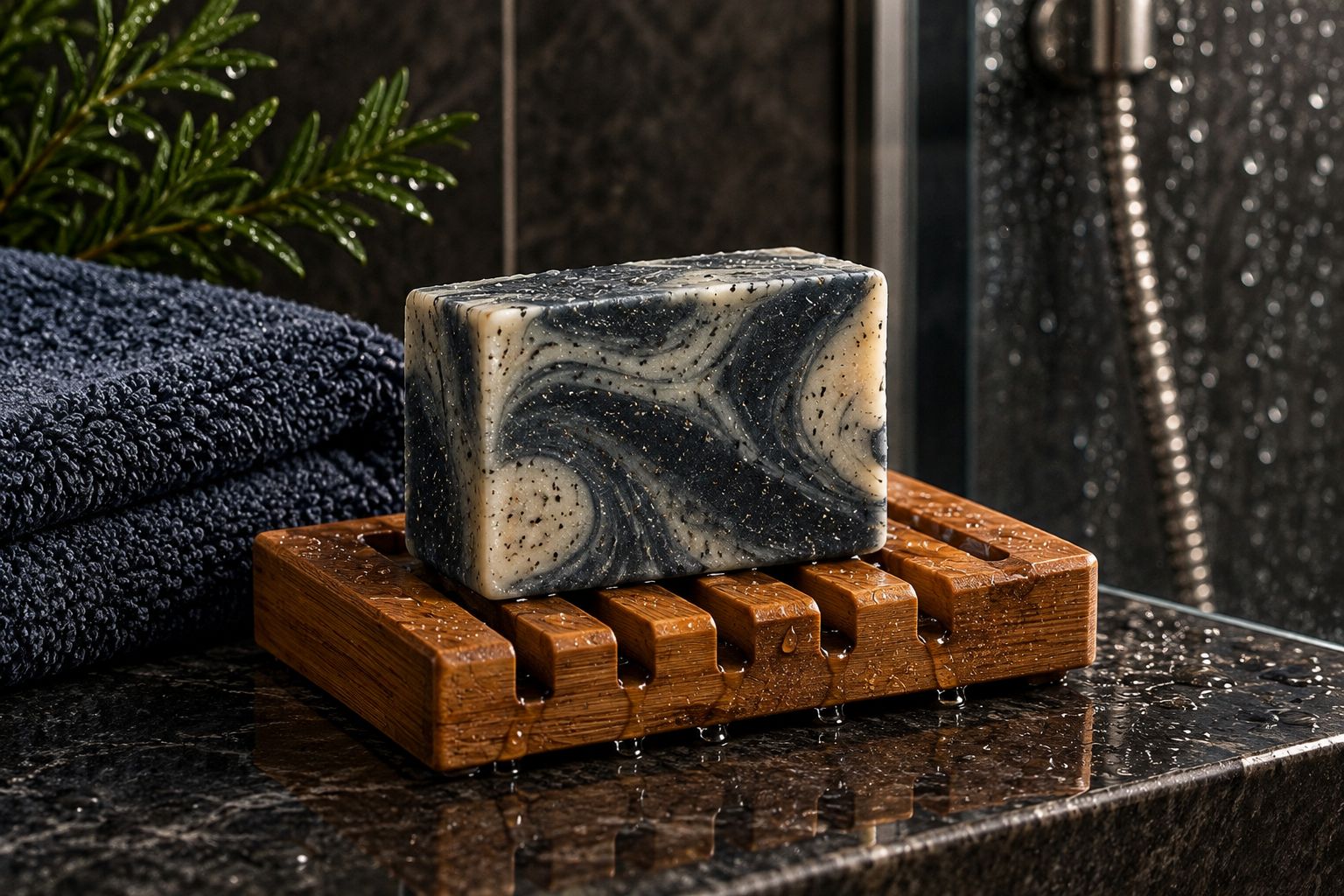 An unbranded soap bar on a draining dish outside the shower spray